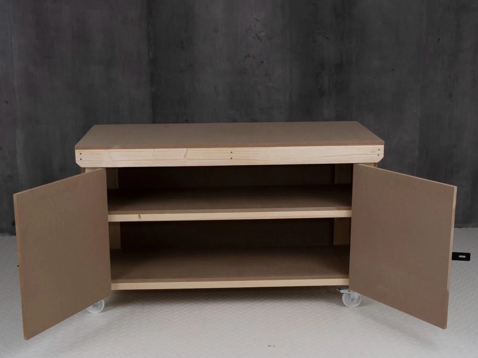 Wooden MDF Top Workbench With Lockable Cupboard (V.9) double shelf and wheels - Image 7