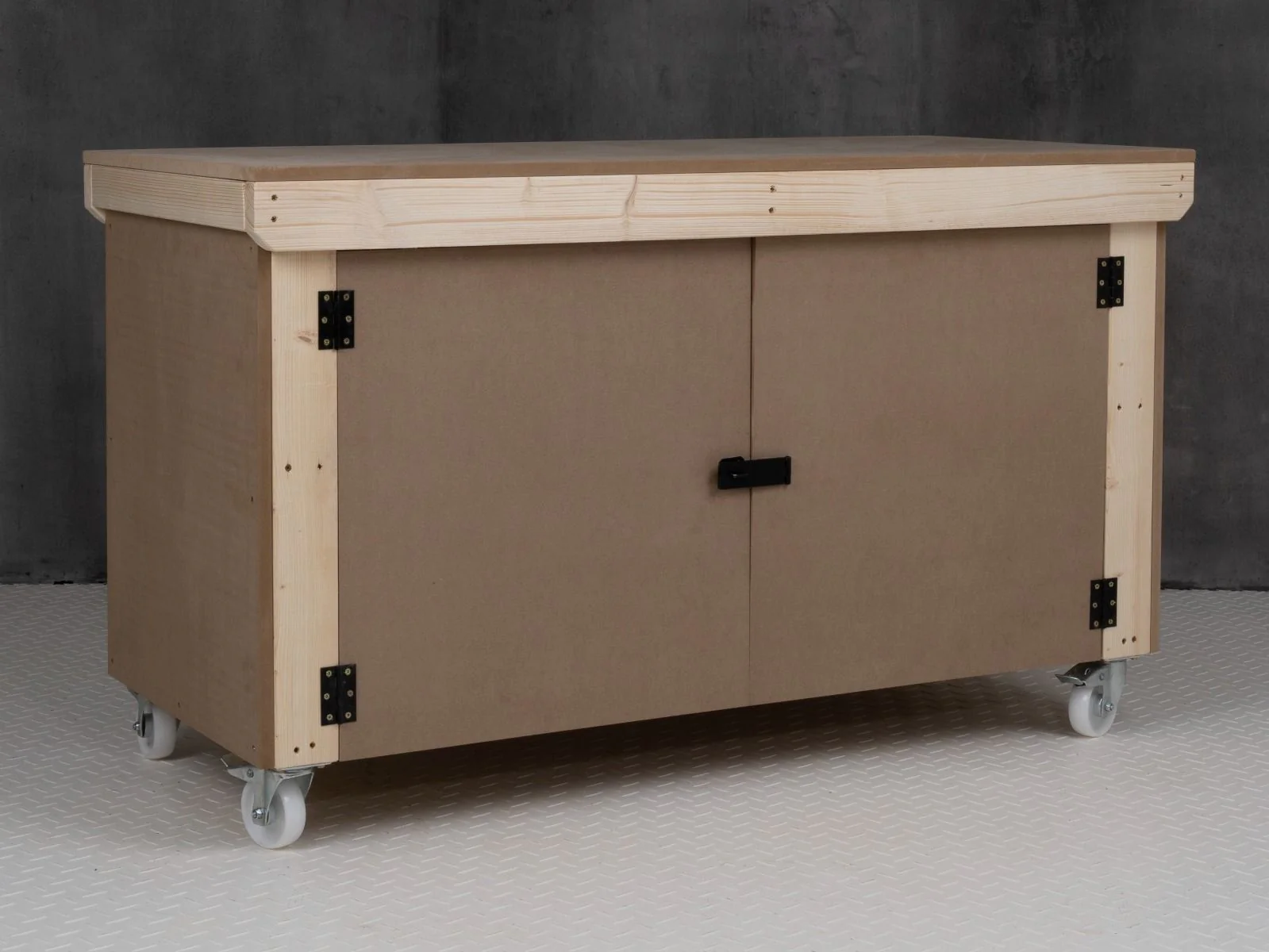 Wooden MDF Top Workbench With Lockable Cupboard (V.9) double shelf and wheels - Image 9