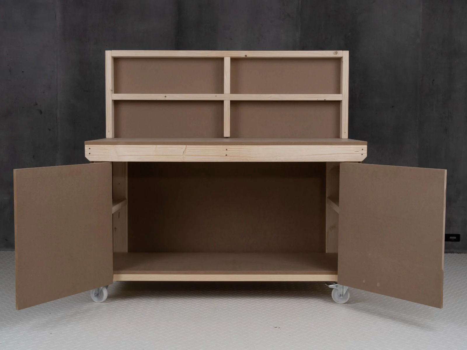 Wooden MDF Top Workbench With Lockable Cupboard (V.9) with back panel and wheels - Image 5