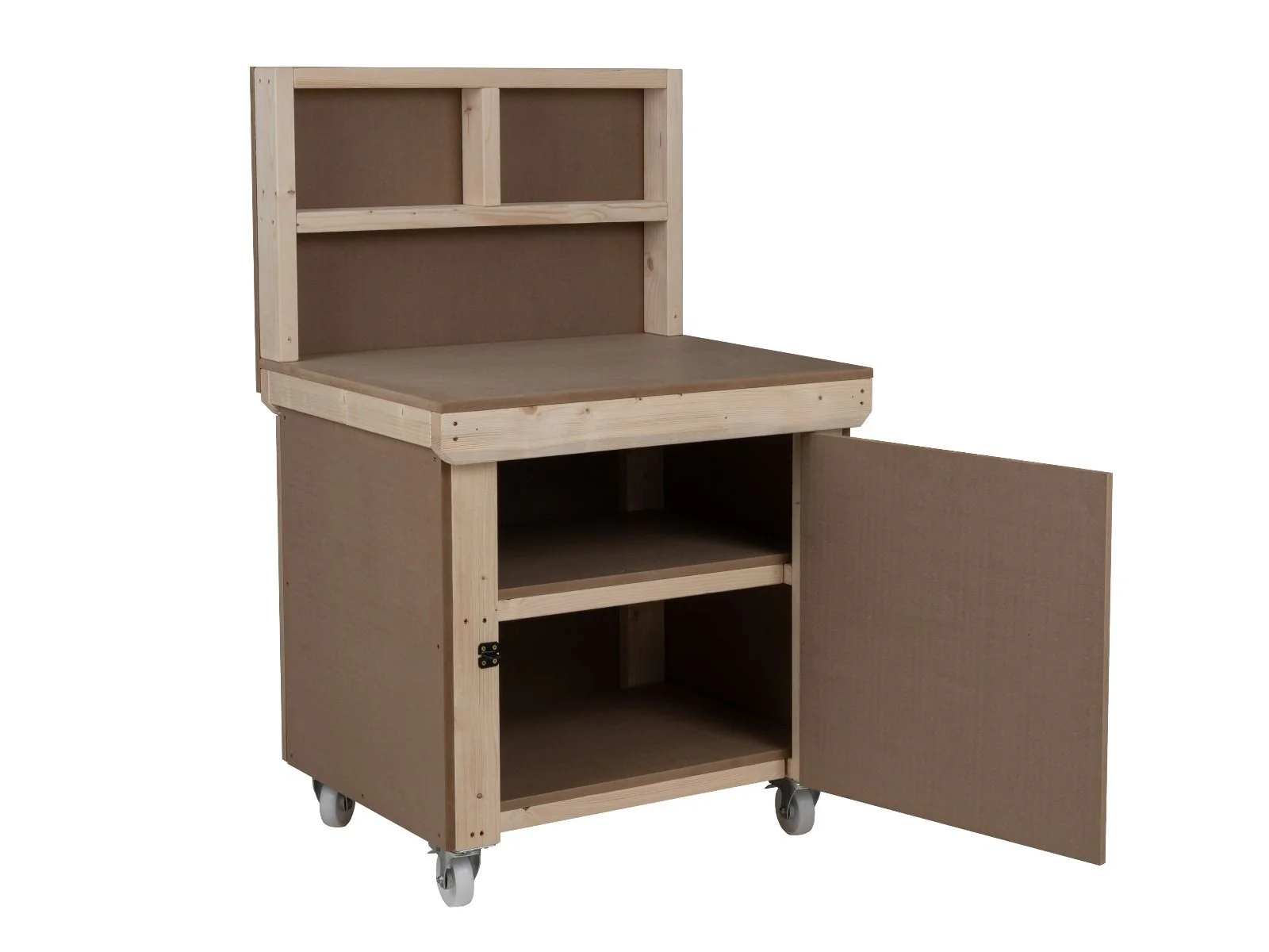 Wooden MDF Top Workbench With Lockable Cupboard (V.9) with back panel, double shelf and wheels - Image 3