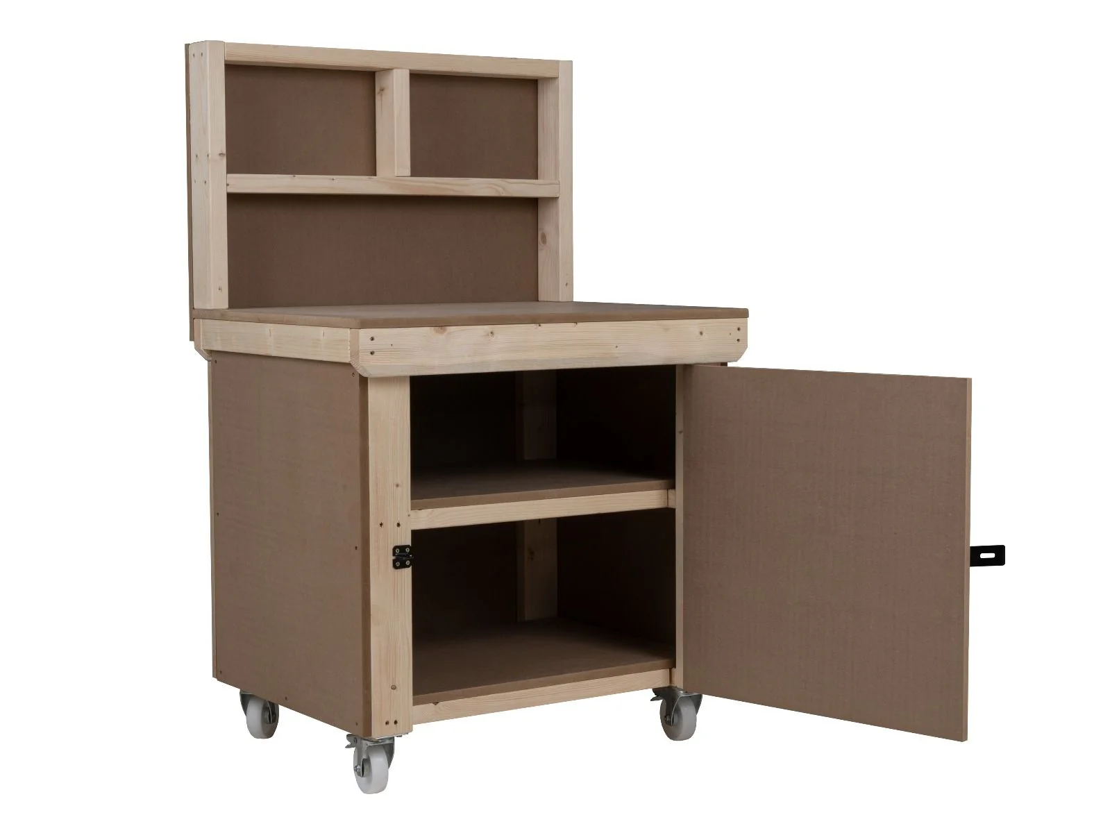Wooden MDF Top Workbench With Lockable Cupboard (V.9) with back panel, double shelf and wheels - Image 4