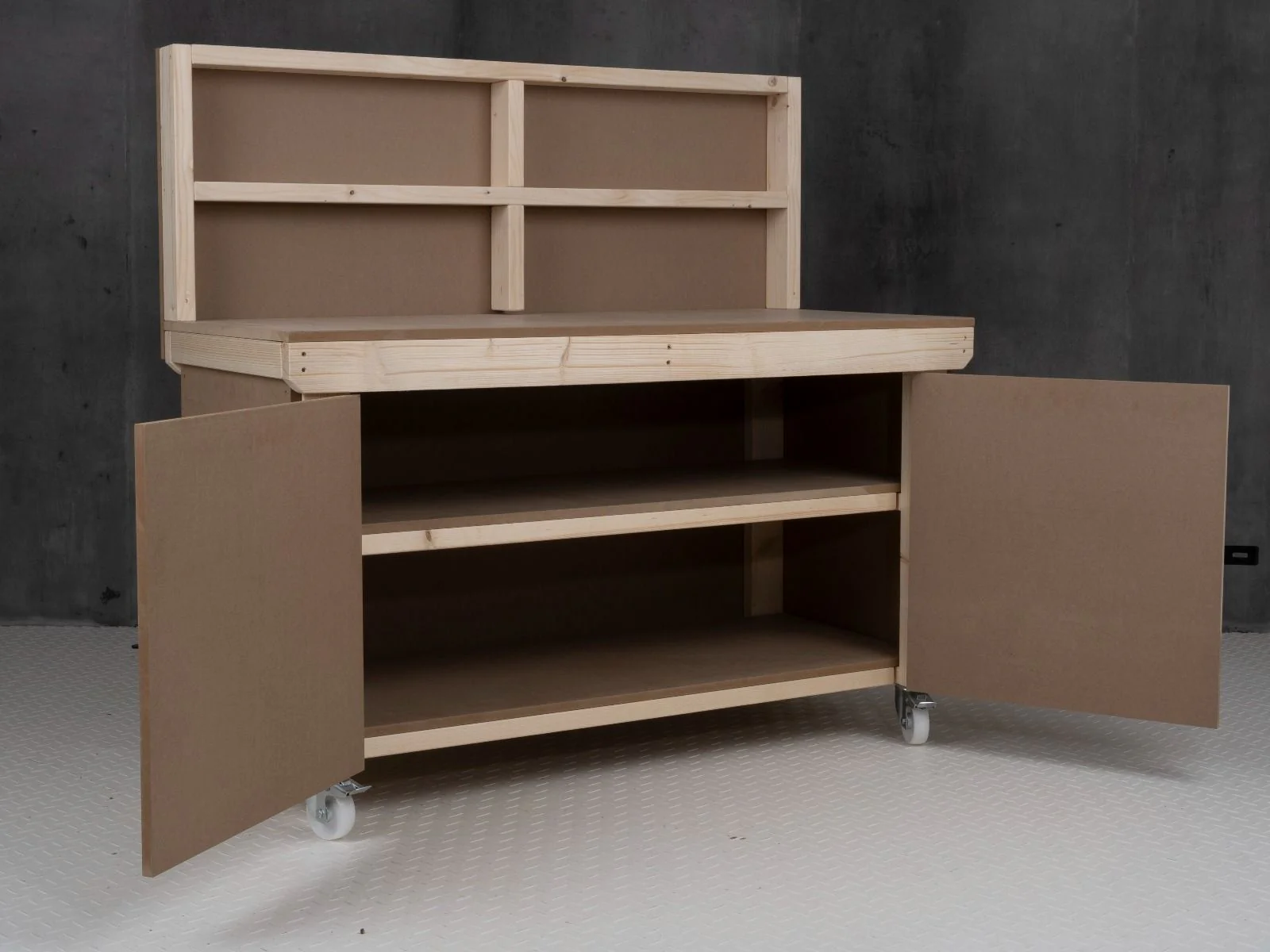 Wooden MDF Top Workbench With Lockable Cupboard (V.9) with back panel, double shelf and wheels - Image 5