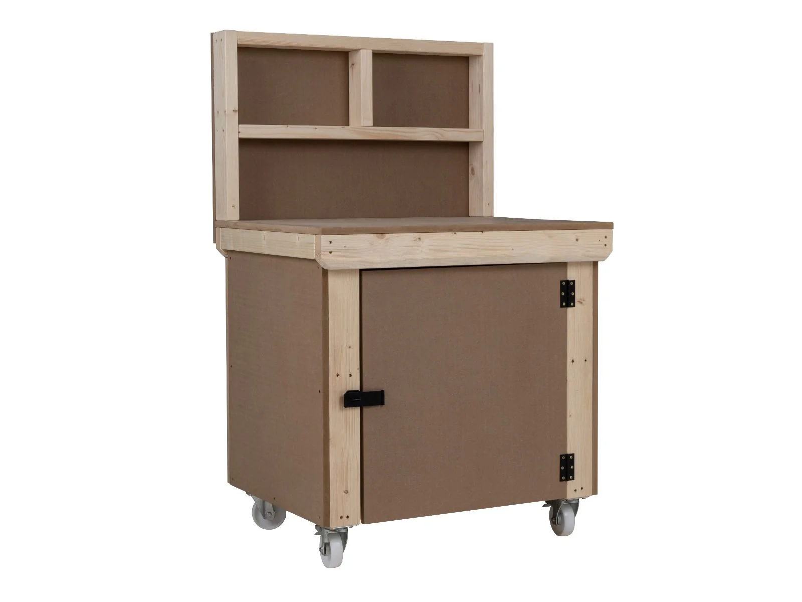 Wooden MDF Top Workbench With Lockable Cupboard (V.9) with back panel, double shelf and wheels - Image 6