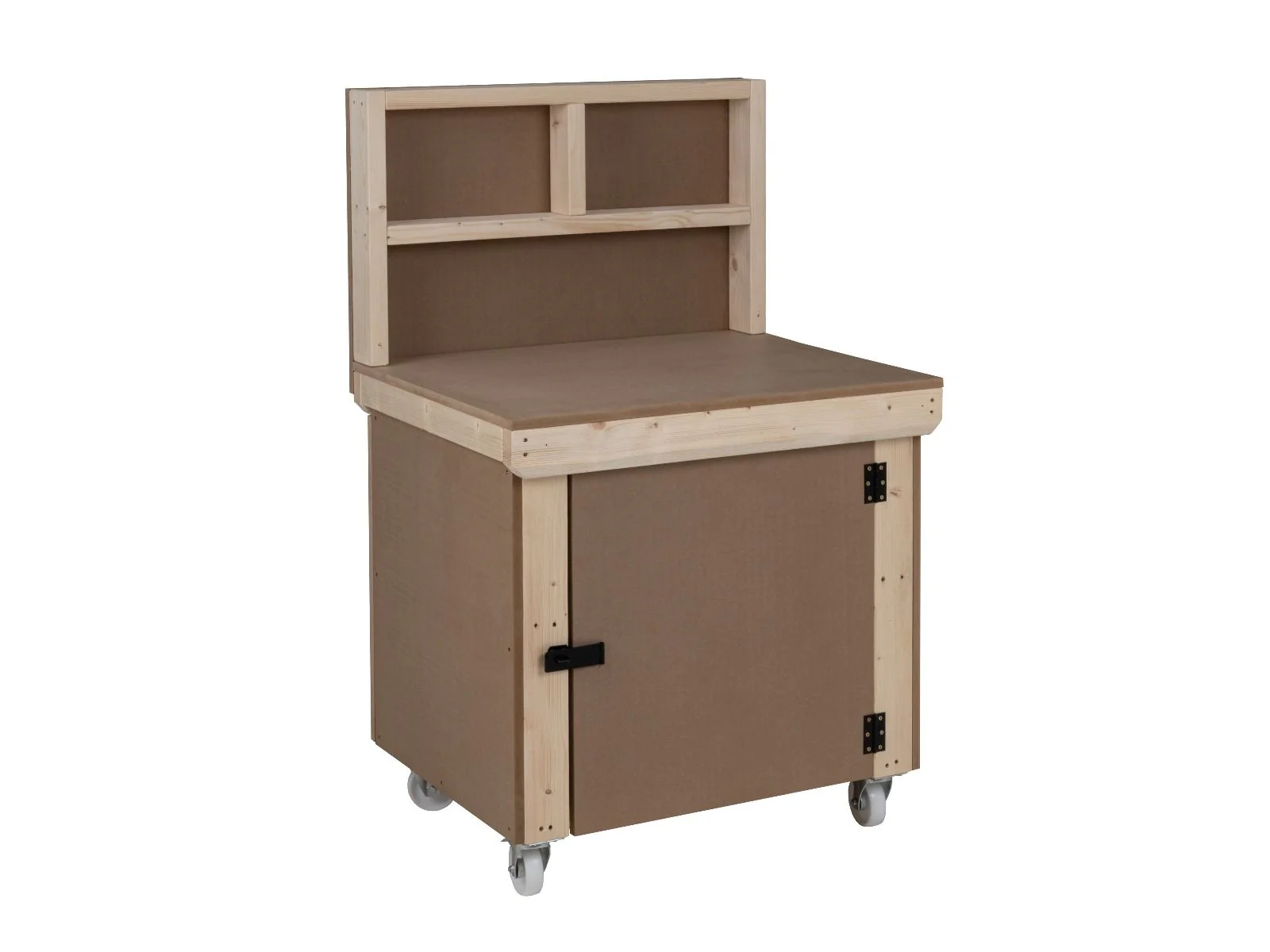 Wooden MDF Top Workbench With Lockable Cupboard (V.9) with back panel, double shelf and wheels - Image 8