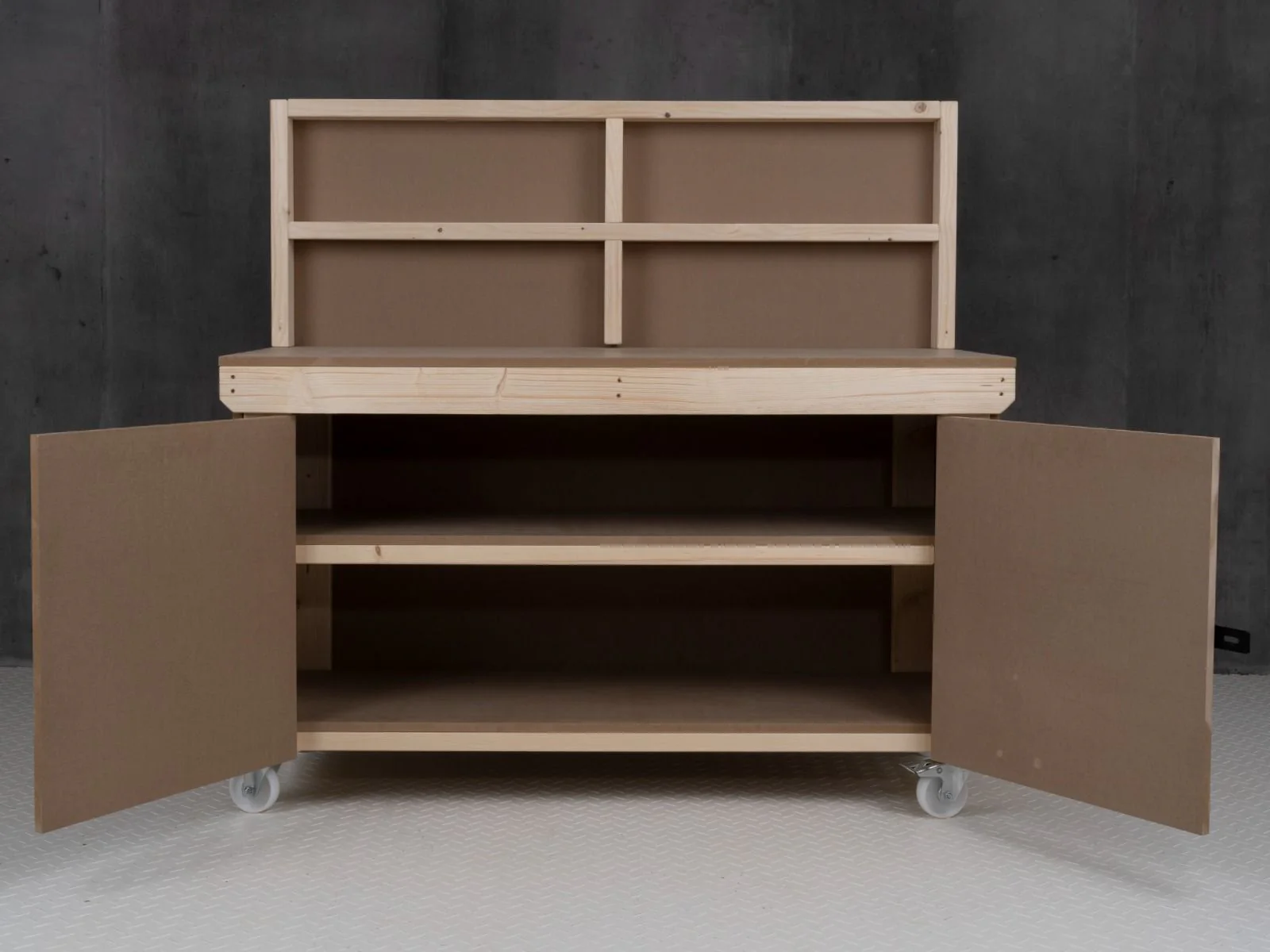 Wooden MDF Top Workbench With Lockable Cupboard (V.9) with back panel, double shelf and wheels - Image 9