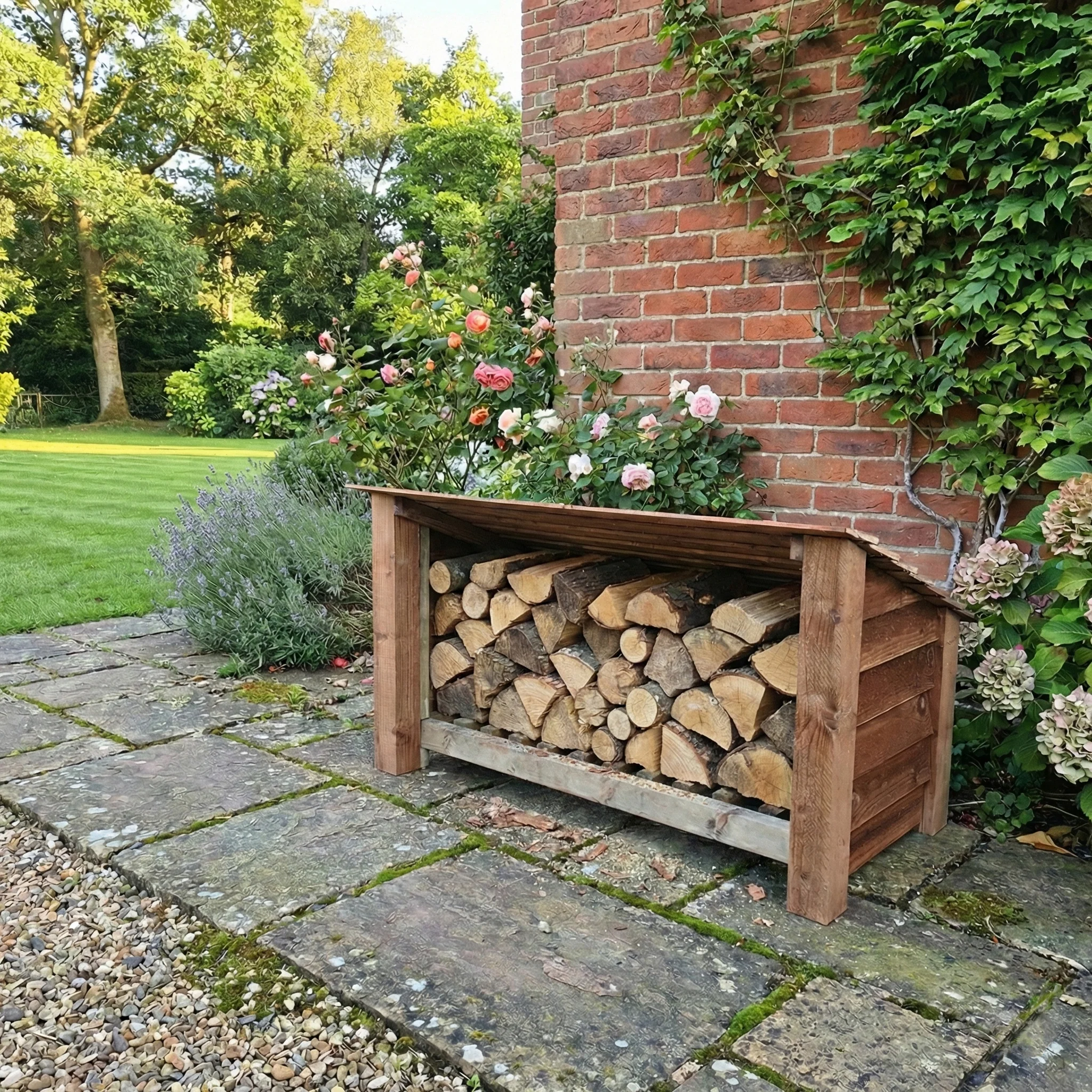 Wooden Outdoor Shoe/Log Storage W-119cm, H-66cm, D-54cm - Brown Finish - Image 3