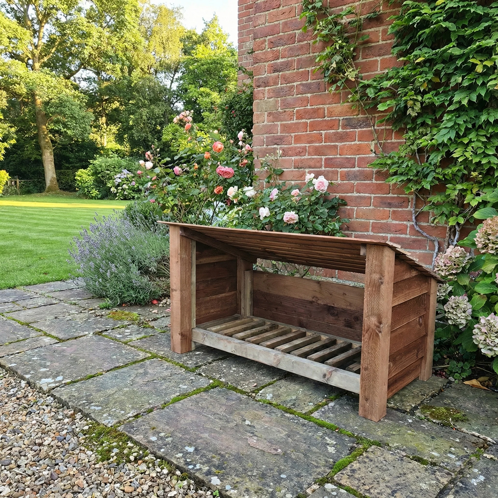Wooden Outdoor Shoe/Log Storage W-119cm, H-66cm, D-54cm - Brown Finish - Image 4