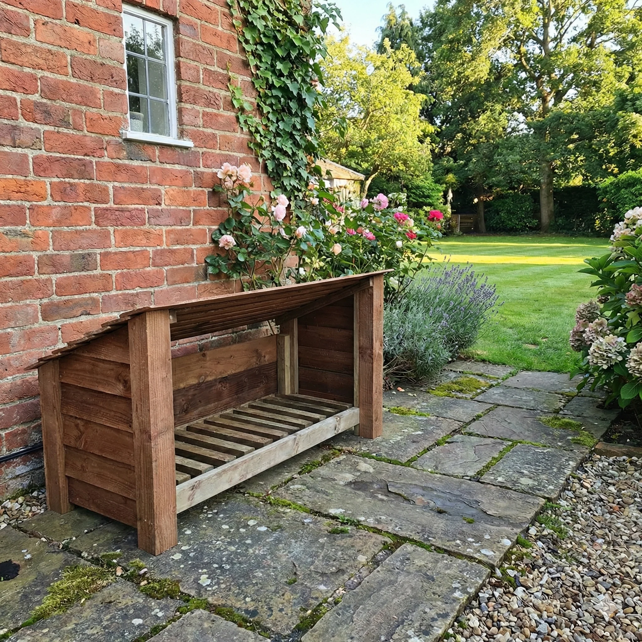 Wooden Outdoor Shoe/Log Storage W-119cm, H-66cm, D-54cm - Brown Finish - Image 6