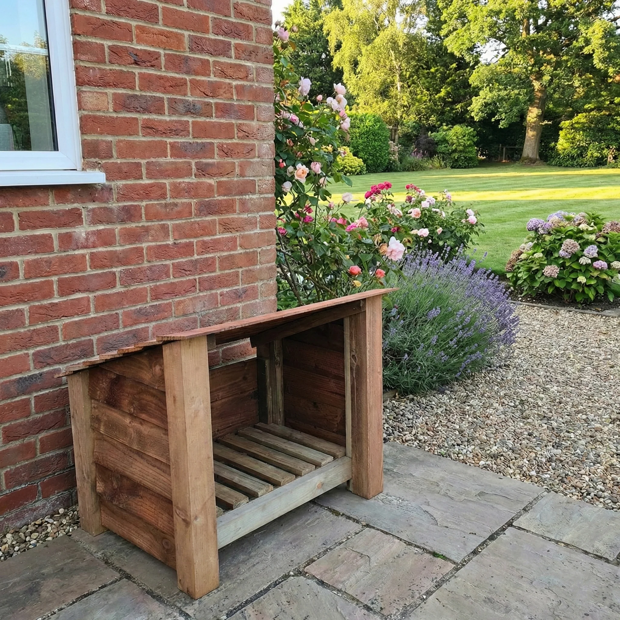 Wooden Outdoor Shoe/Log Storage W-79cm, H-66cm, D-54cm - Brown Finish - Image 3