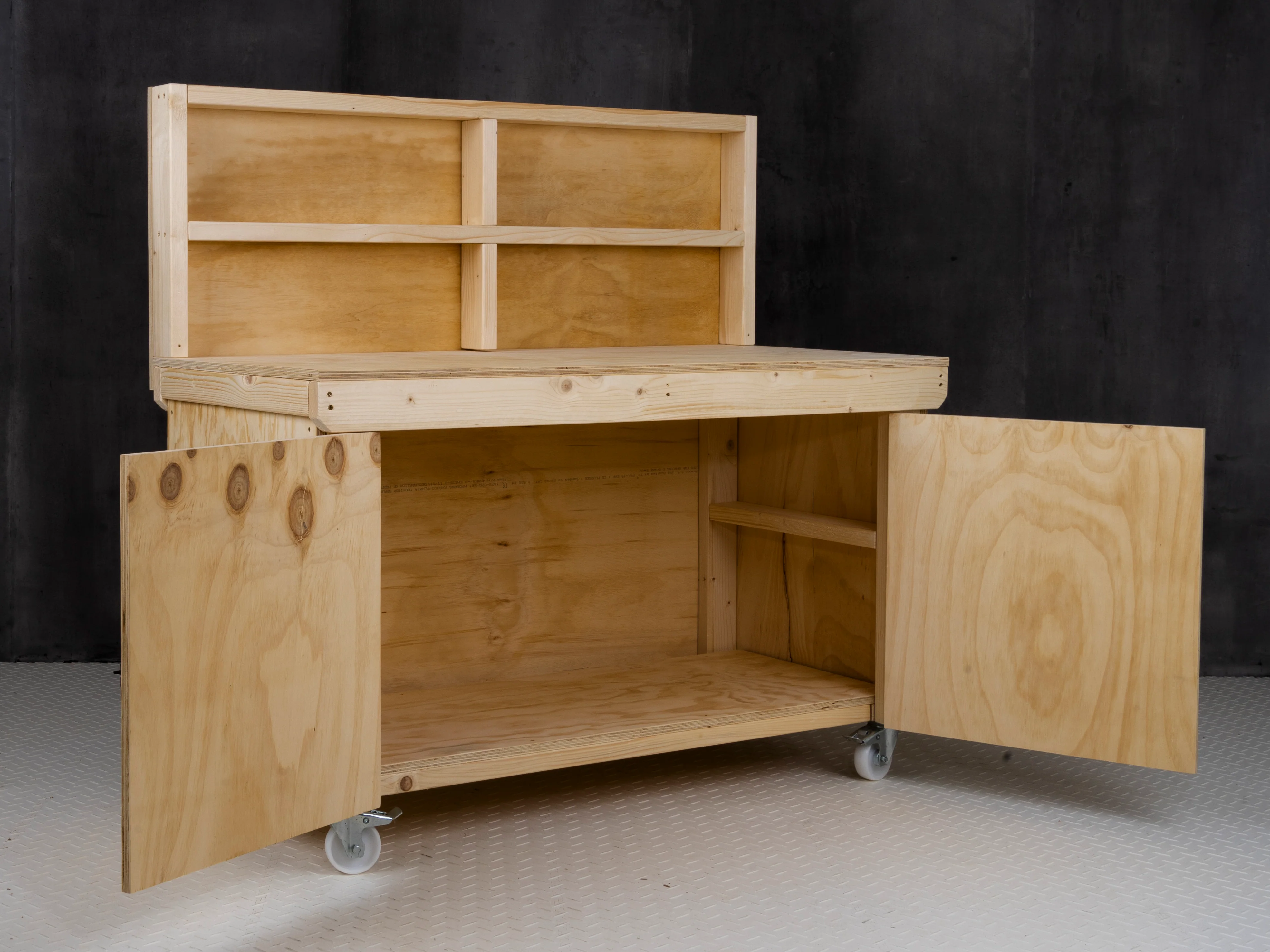 Wooden Plywood Top Workbench With Lockable Cupboard (V.9) With back panel, With Wheels - Image 6