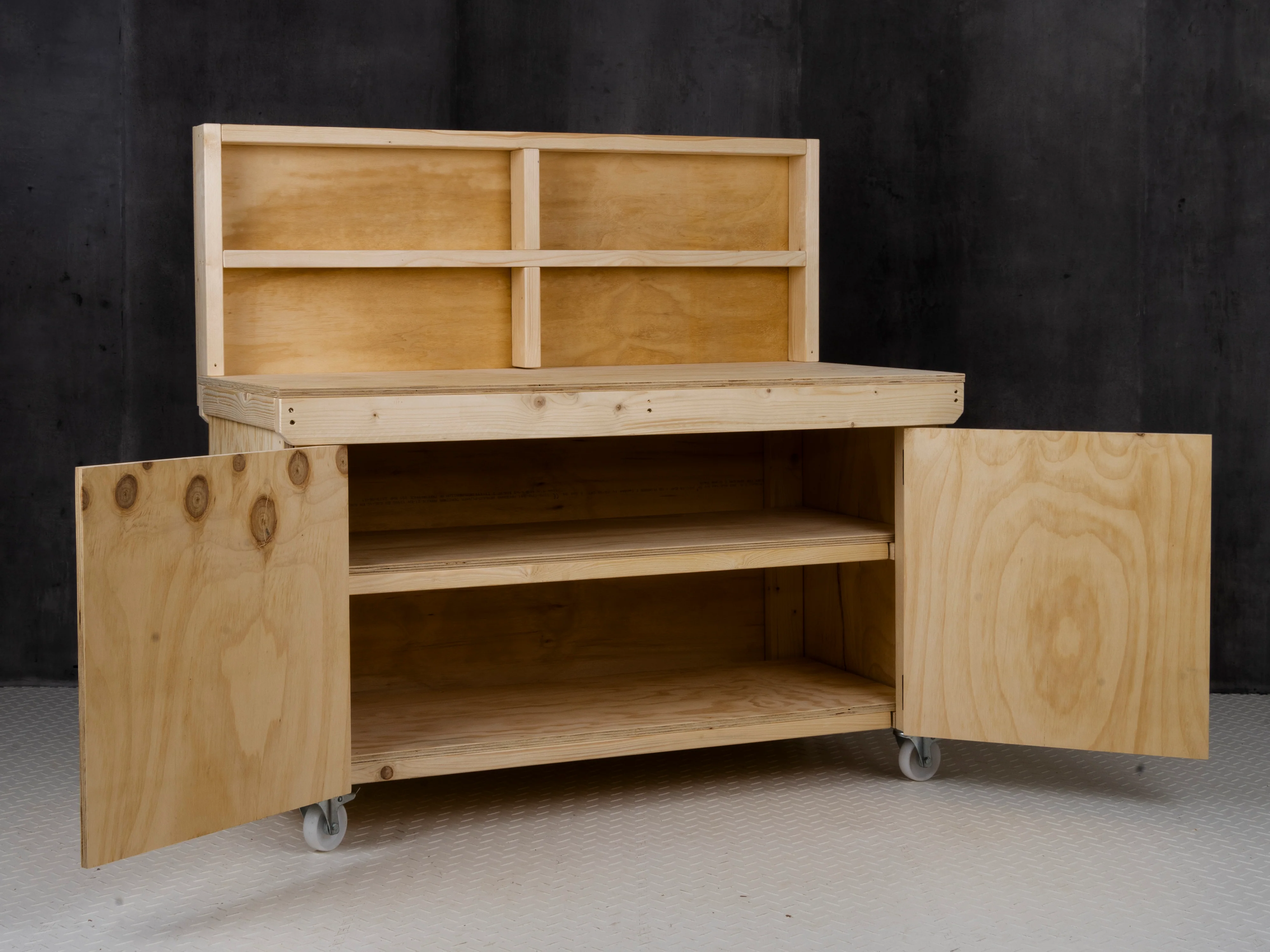 Wooden Plywood Top Workbench With Lockable Cupboard (V.9) With back panel, With wheels, Double Shelf - Image 2