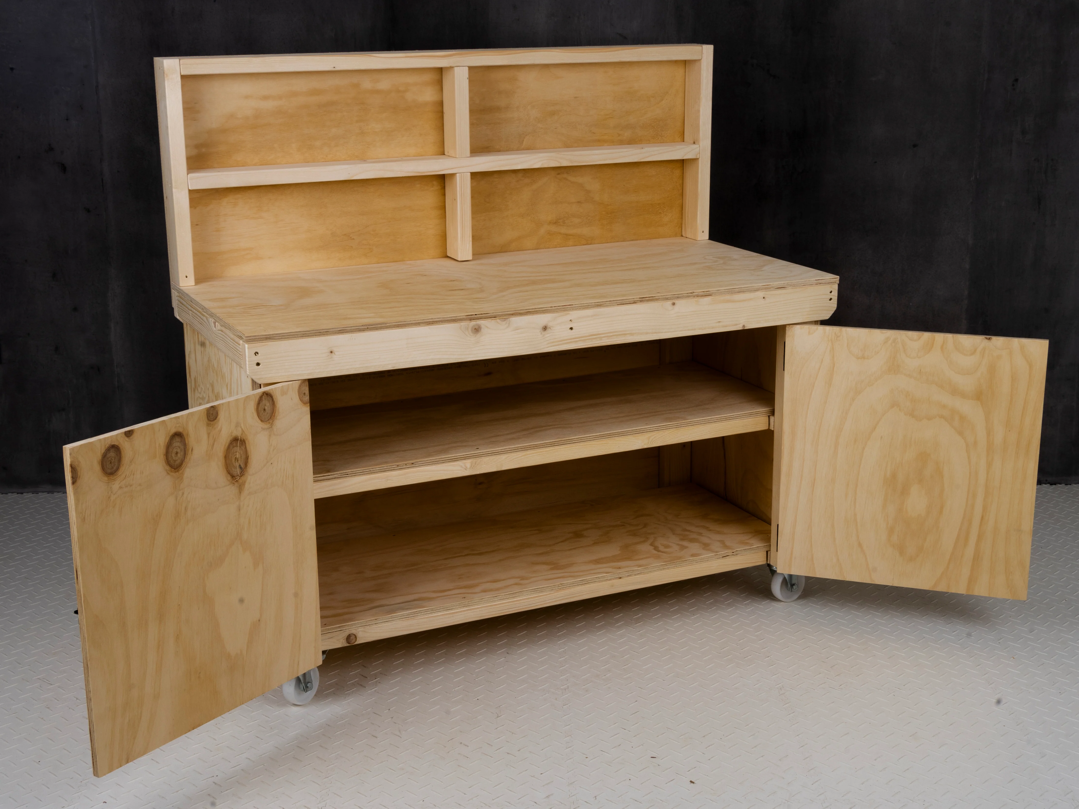 Wooden Plywood Top Workbench With Lockable Cupboard (V.9) With back panel, With wheels, Double Shelf - Image 3