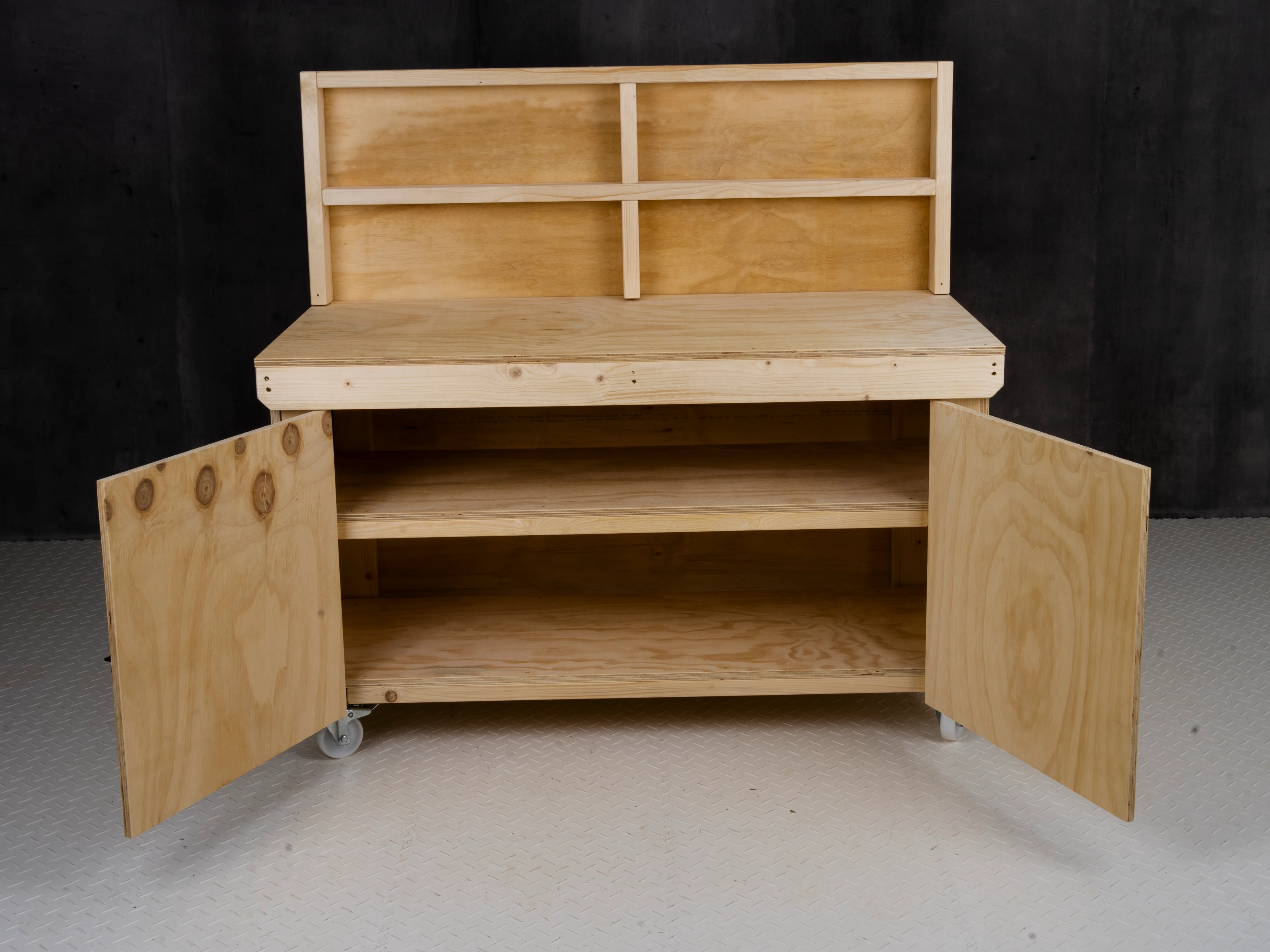 Wooden Plywood Top Workbench With Lockable Cupboard (V.9) With back panel, With wheels, Double Shelf - Image 4