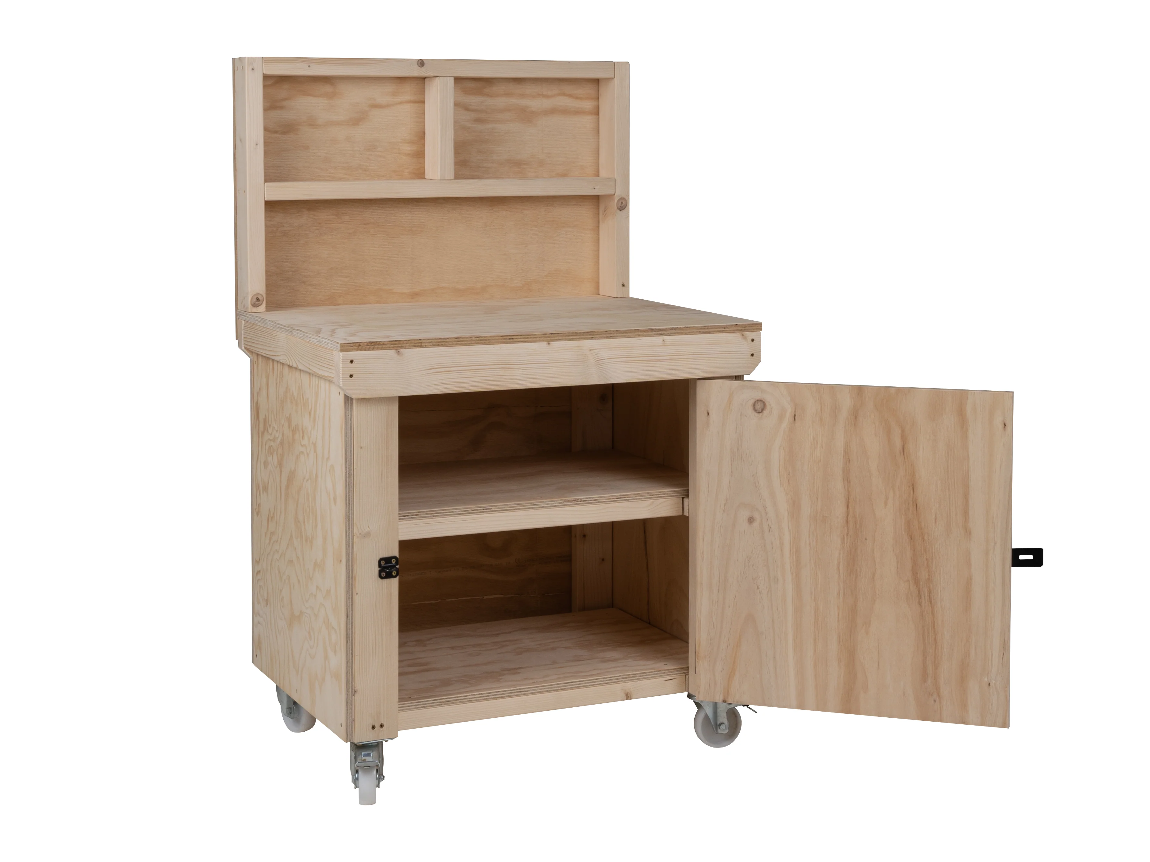 Wooden Plywood Top Workbench With Lockable Cupboard (V.9) With back panel, With wheels, Double Shelf - Image 7