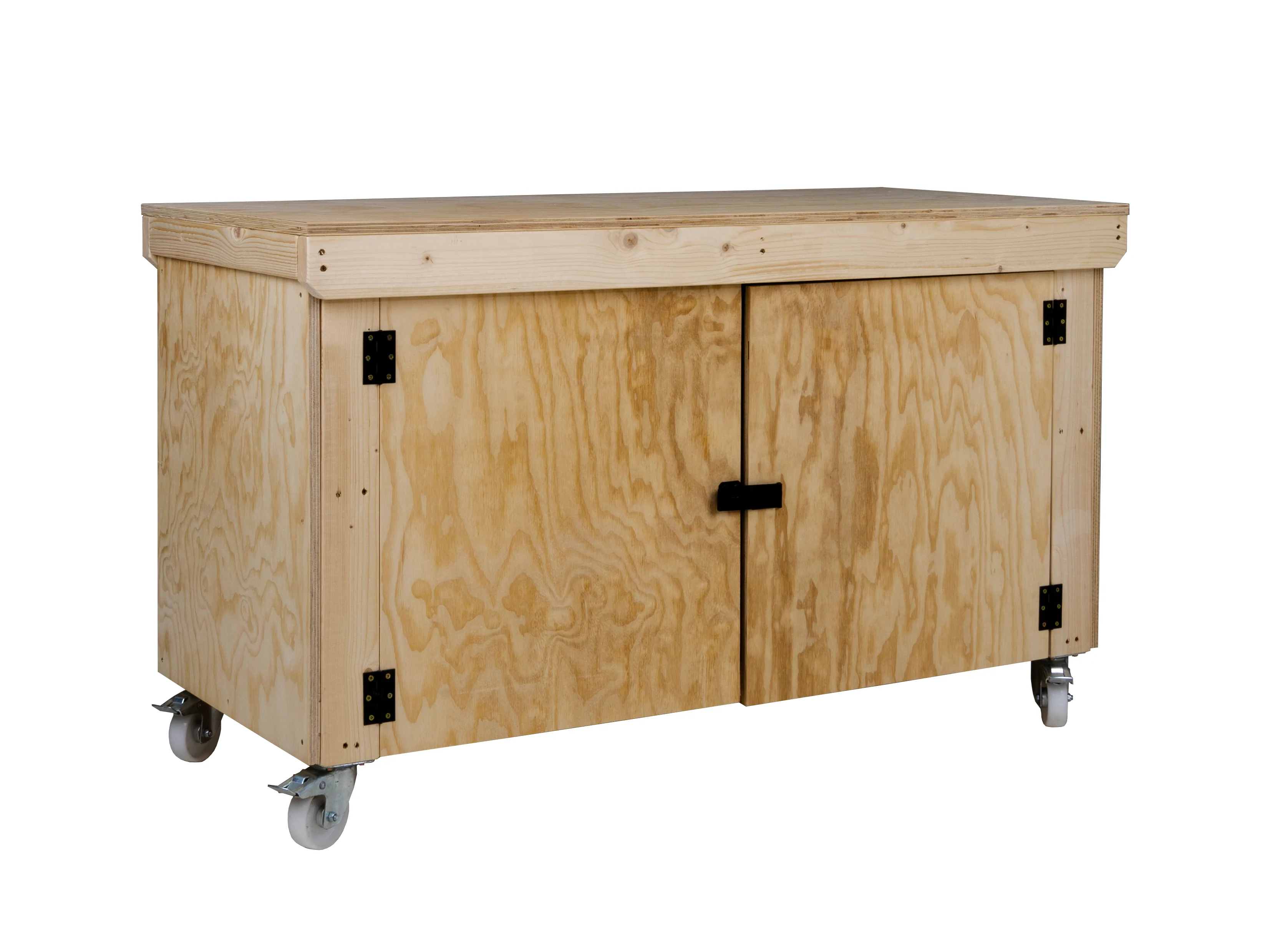Wooden Plywood Top Workbench With Lockable Cupboard (V.9) With Wheels, Double Shelf