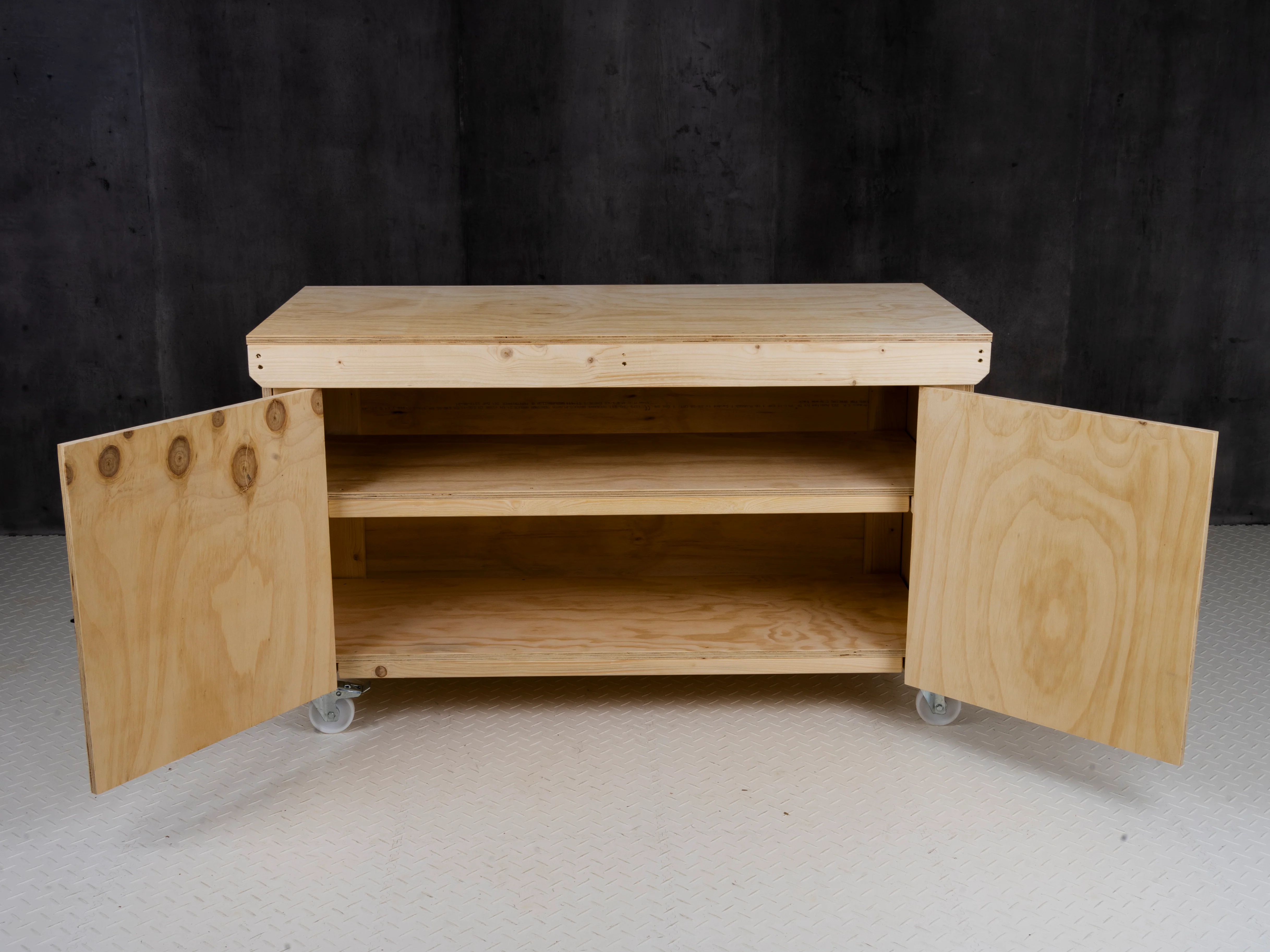 Wooden Plywood Top Workbench With Lockable Cupboard (V.9) With Wheels, Double Shelf - Image 10