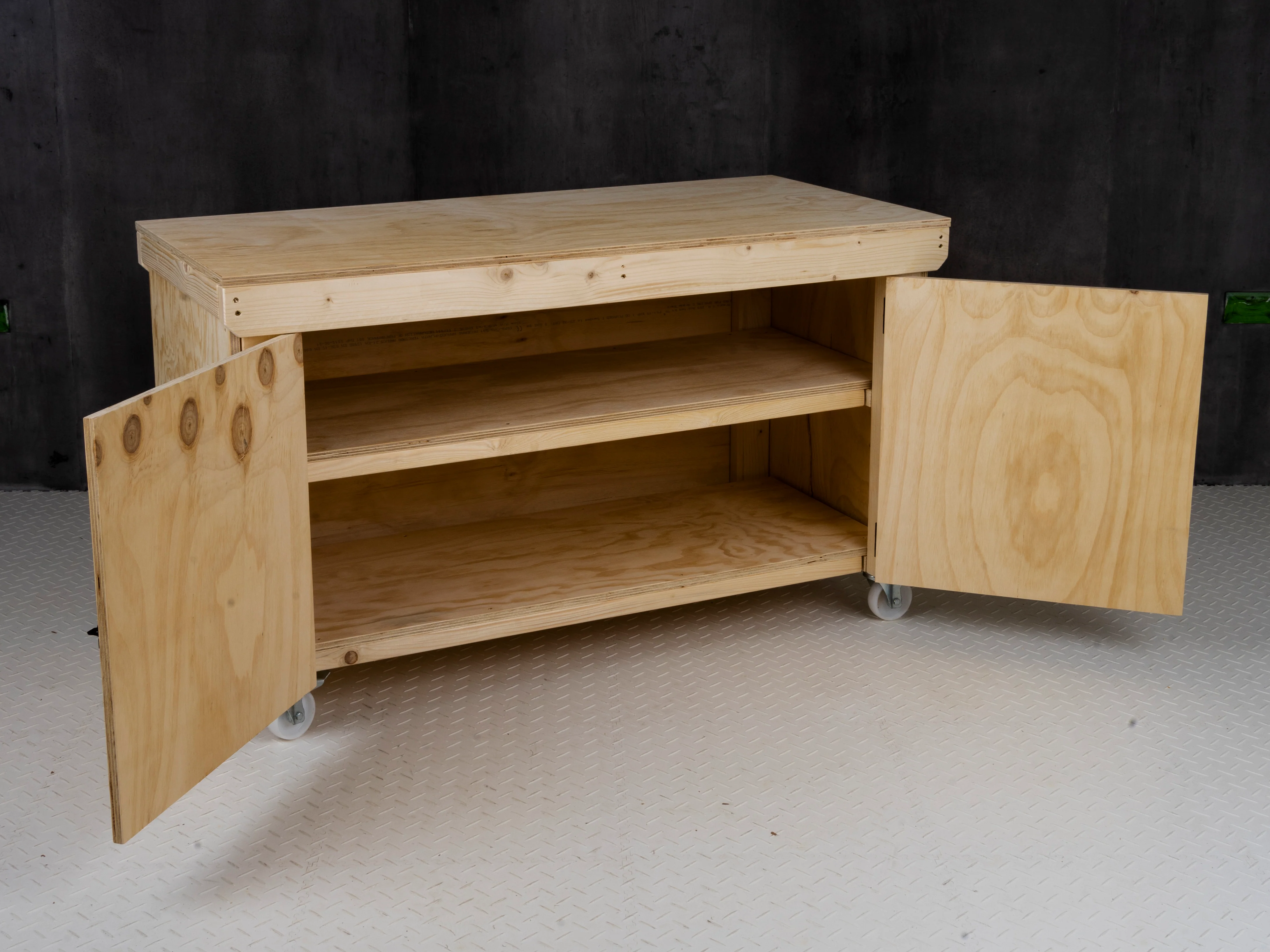 Wooden Plywood Top Workbench With Lockable Cupboard (V.9) With Wheels, Double Shelf - Image 9