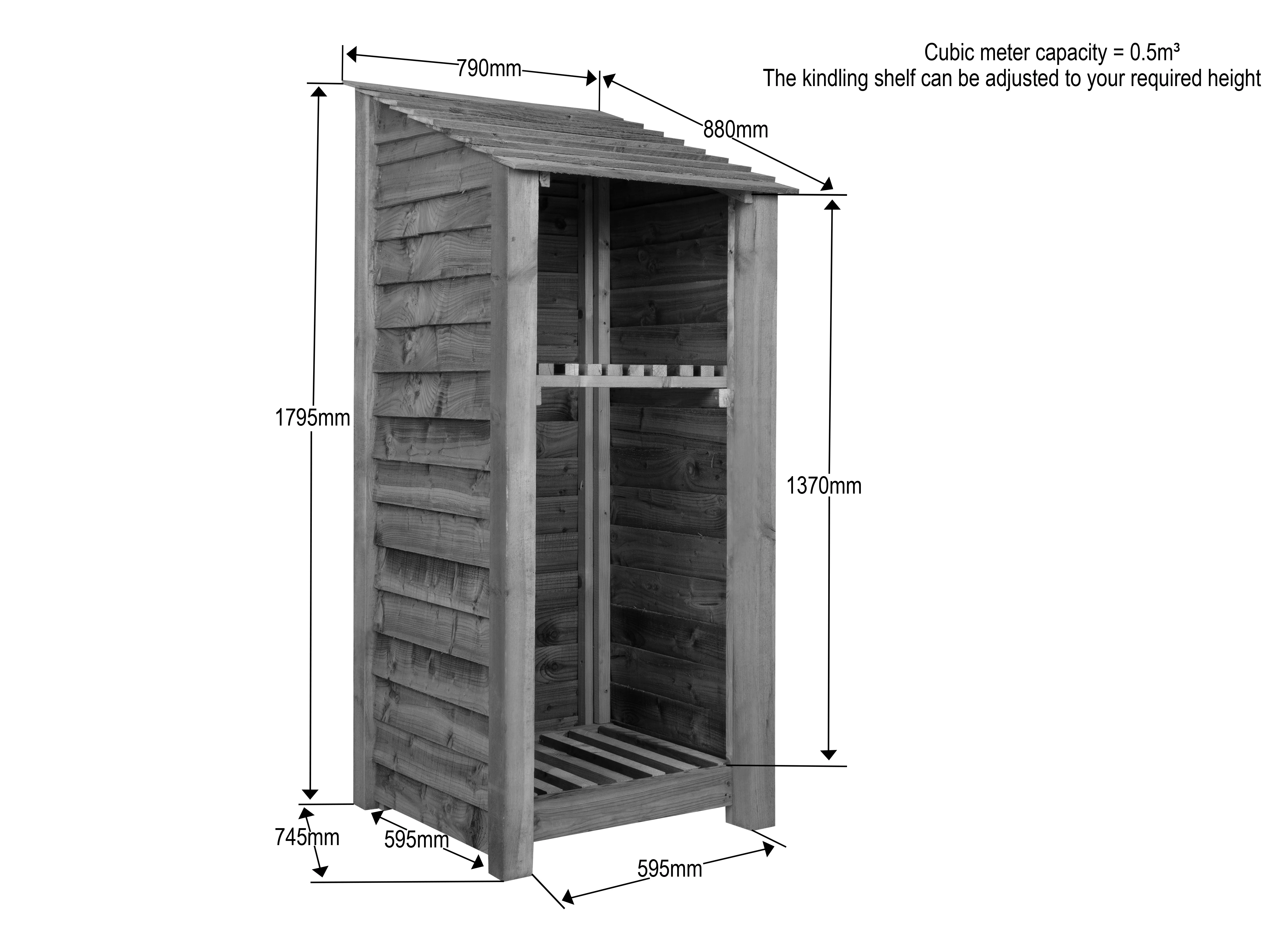 Wooden Premium Tongue/Groove Log Store with Shelf (W-79cm, H-126cm or H-180cm, D-88cm) - Image 12
