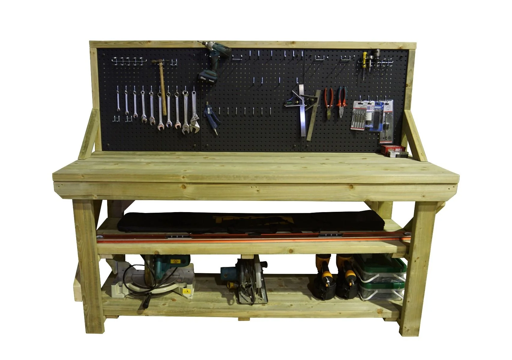 Wooden Pressure Treated Workbench With Peg Board with Double Shelf