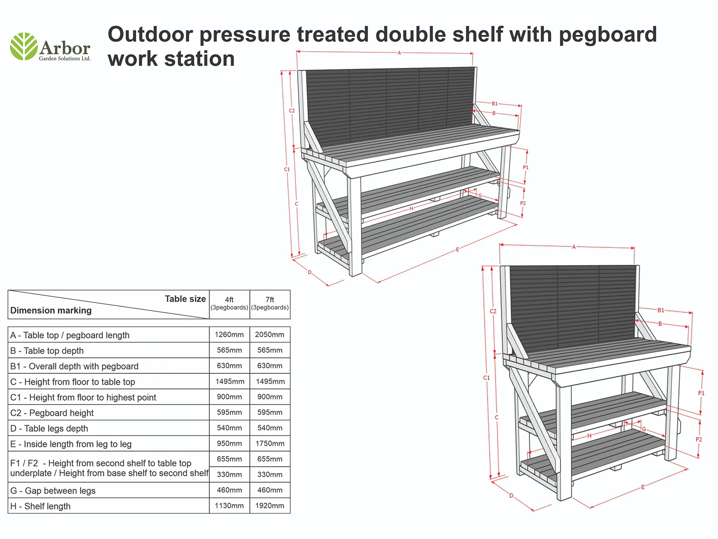 Wooden Pressure Treated Workbench With Peg Board with Double Shelf - Image 2