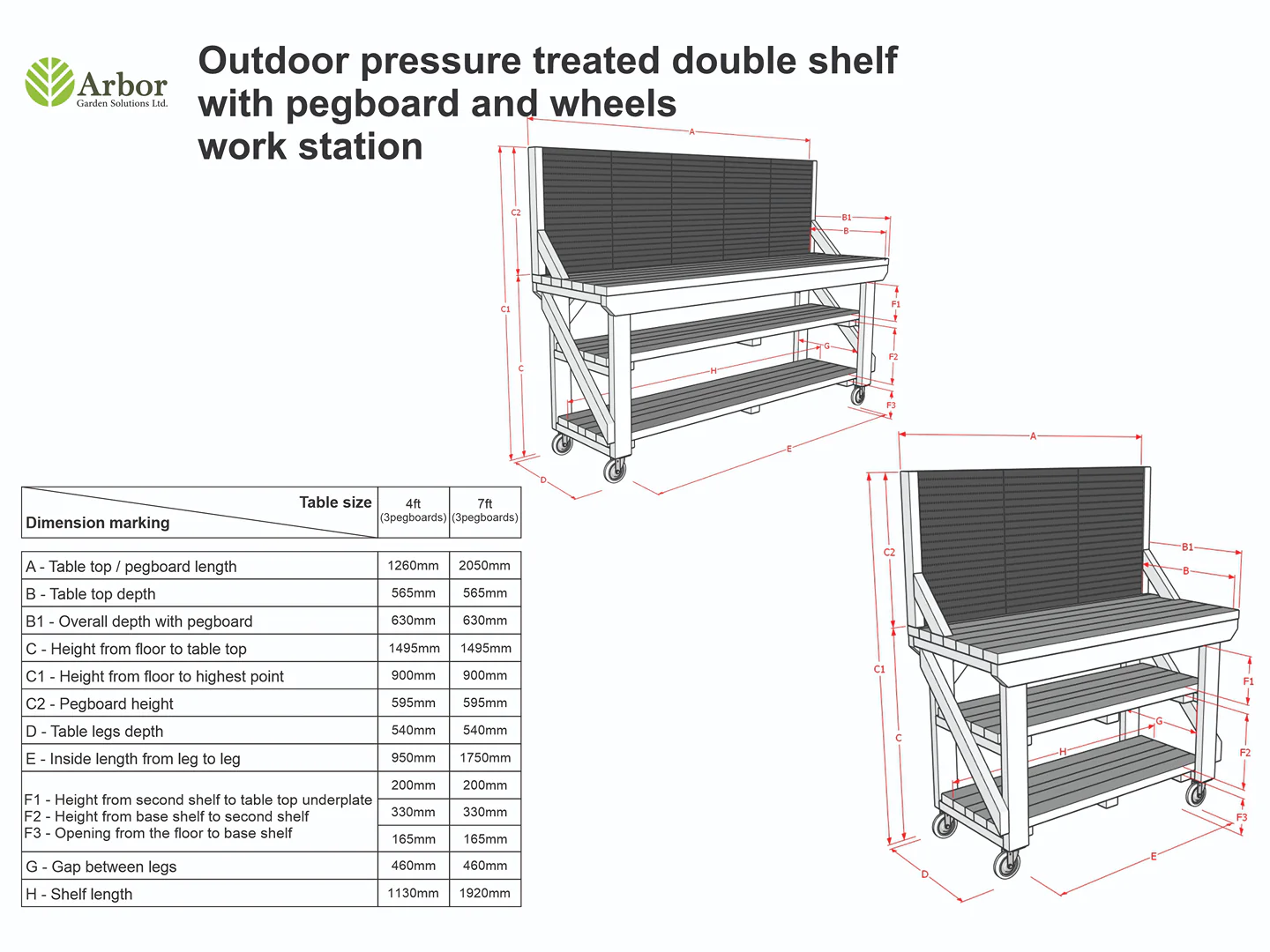 Wooden Pressure Treated Workbench With Peg Board with Double Shelf - Image 3