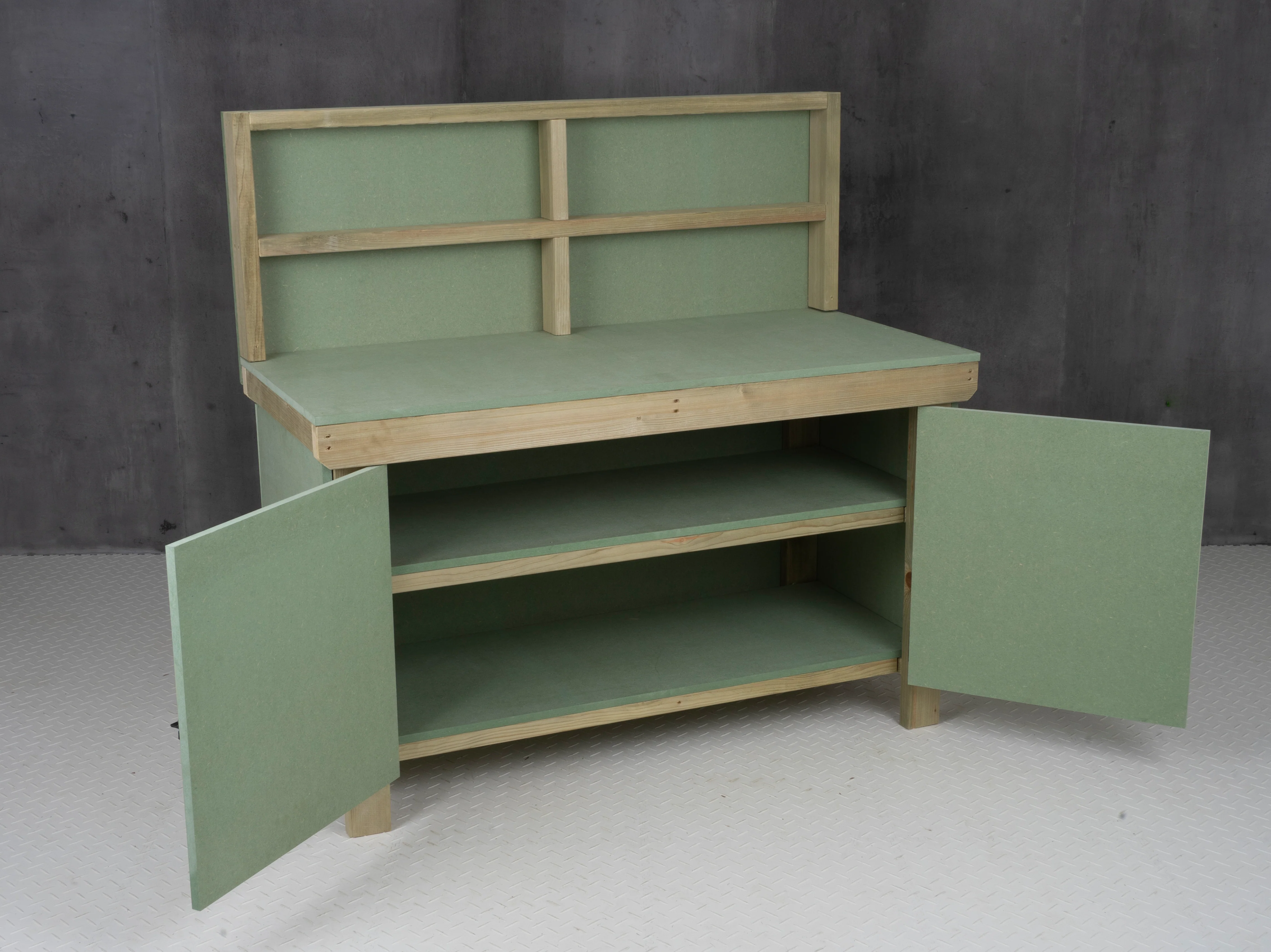 Wooden UniMDF Moisture Resistant Workbench With Lockable Cupboard (V.9) With Back panel, Double shelf - Image 9