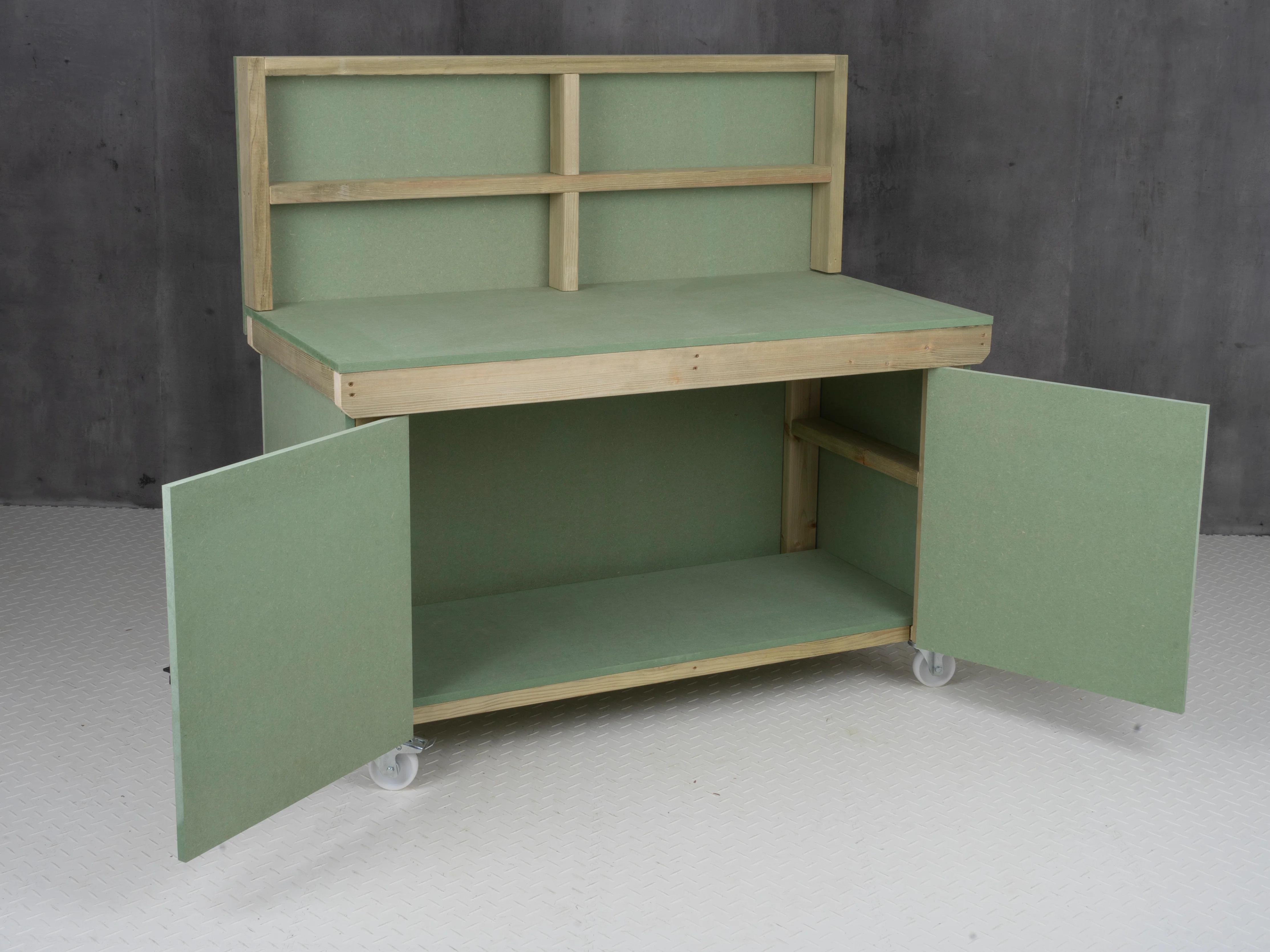 Wooden UniMDF Moisture Resistant Workbench With Lockable Cupboard (V.9) With Back panel, Wheels - Image 9
