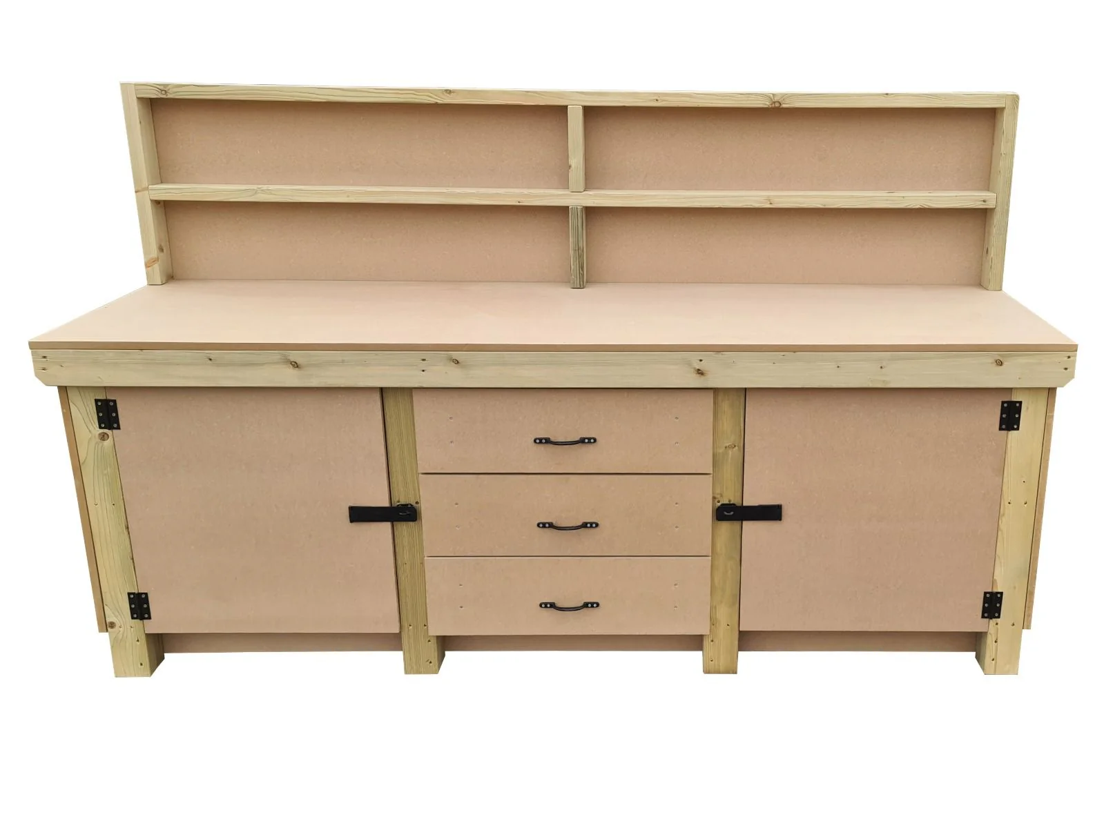 Wooden work bench with drawers and double lockable cupboard (V.8) with back panel