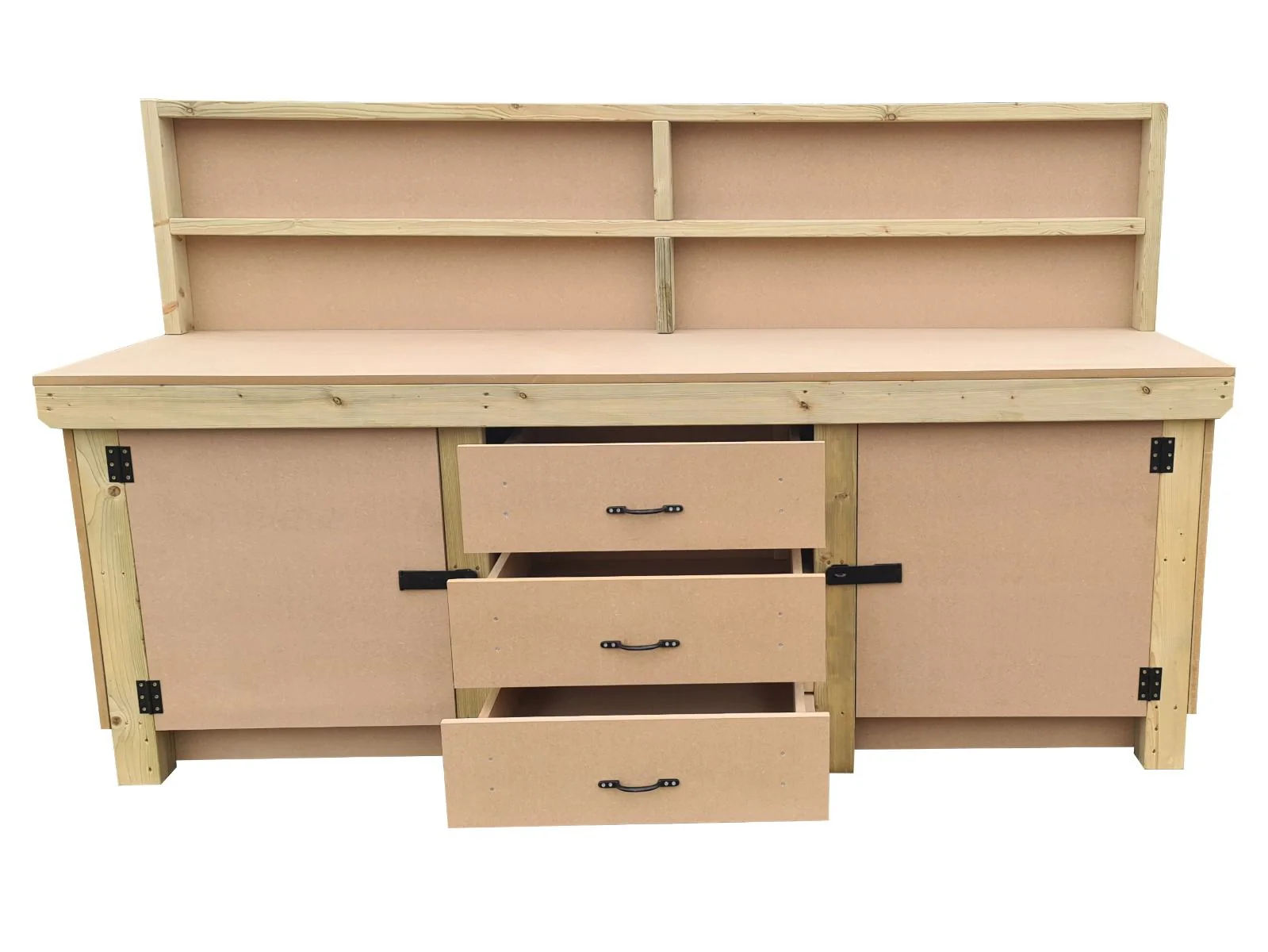 Wooden work bench with drawers and double lockable cupboard (V.8) with back panel - Image 3