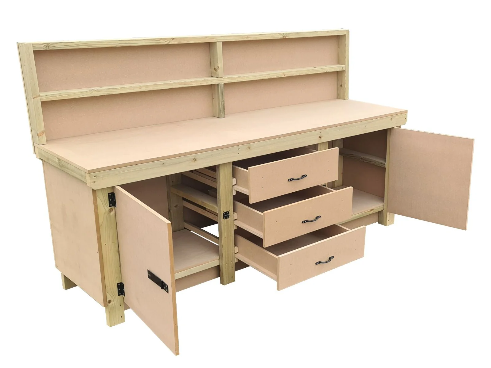 Wooden work bench with drawers and double lockable cupboard (V.8) with back panel - Image 7