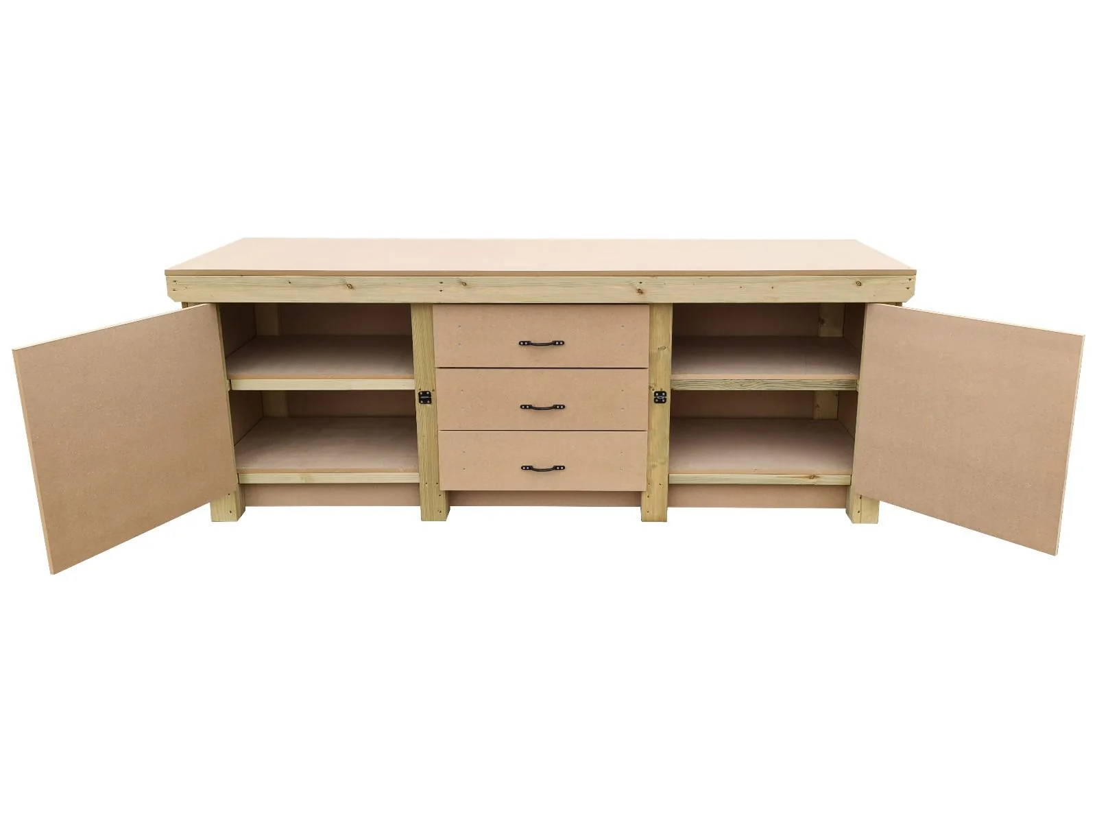 Wooden work bench with drawers and double lockable cupboard (V.8) with double shelf