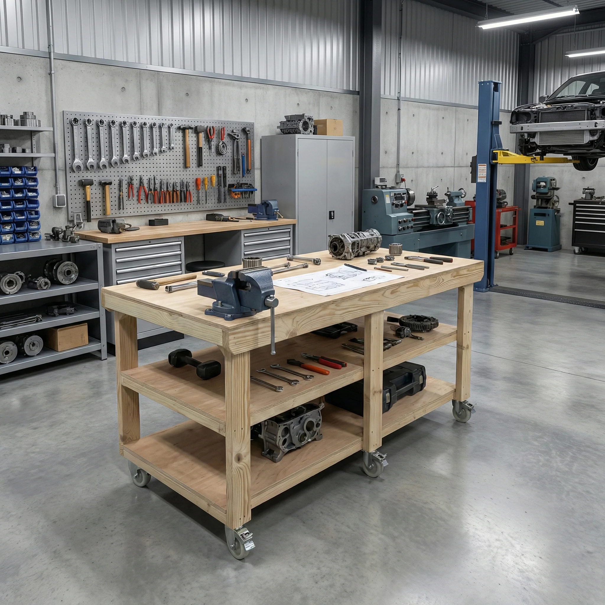 Wooden Workbench Eucalyptus Hardwood Top Depth-3ft Double Shelf and Wheels - Image 4