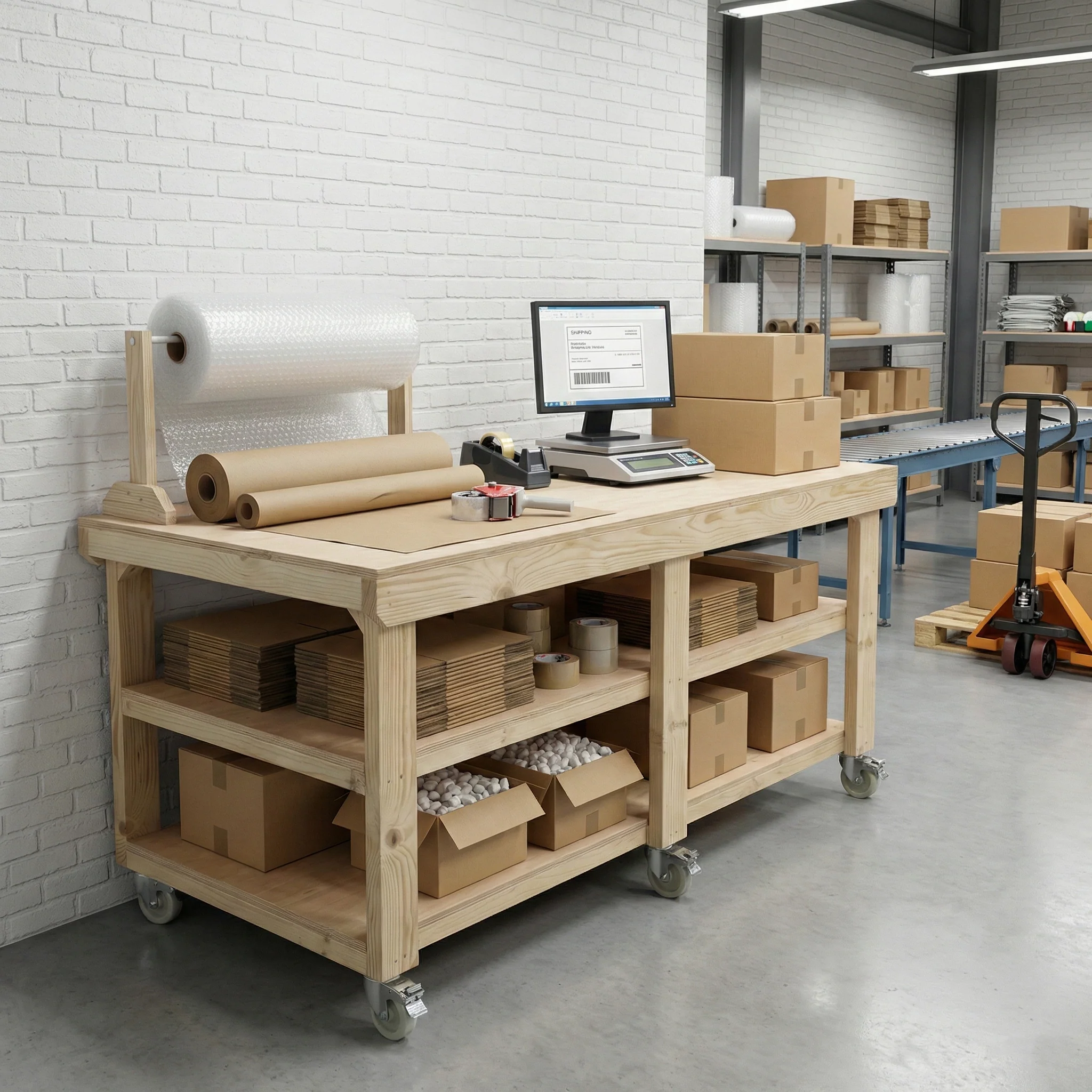 Wooden Workbench Eucalyptus Hardwood Top Depth-3ft Double Shelf and Wheels - Image 5