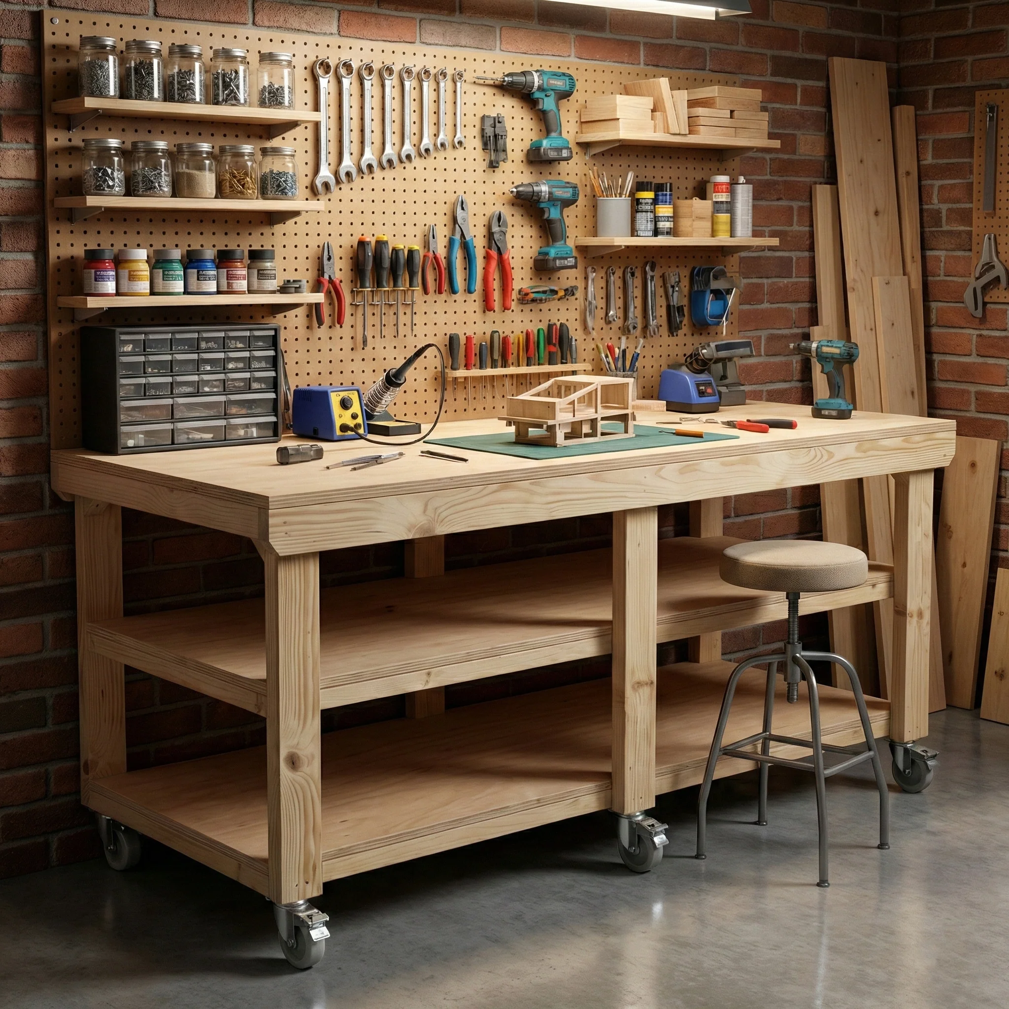 Wooden Workbench Eucalyptus Hardwood Top Depth-3ft Double Shelf and Wheels - Image 6