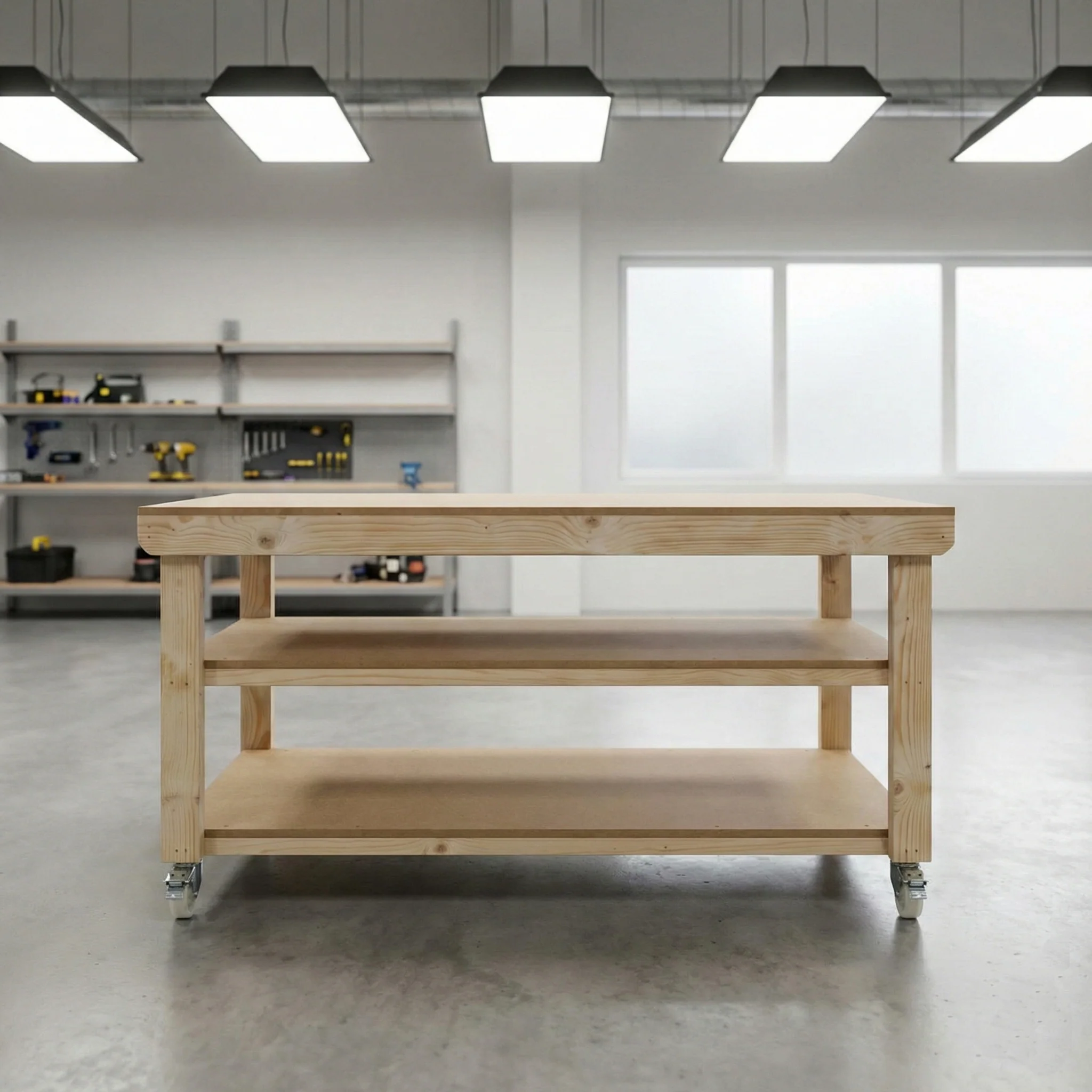 Wooden Workbench MDF Top Depth-3ft With Wheels and Double Shelf - Image 6