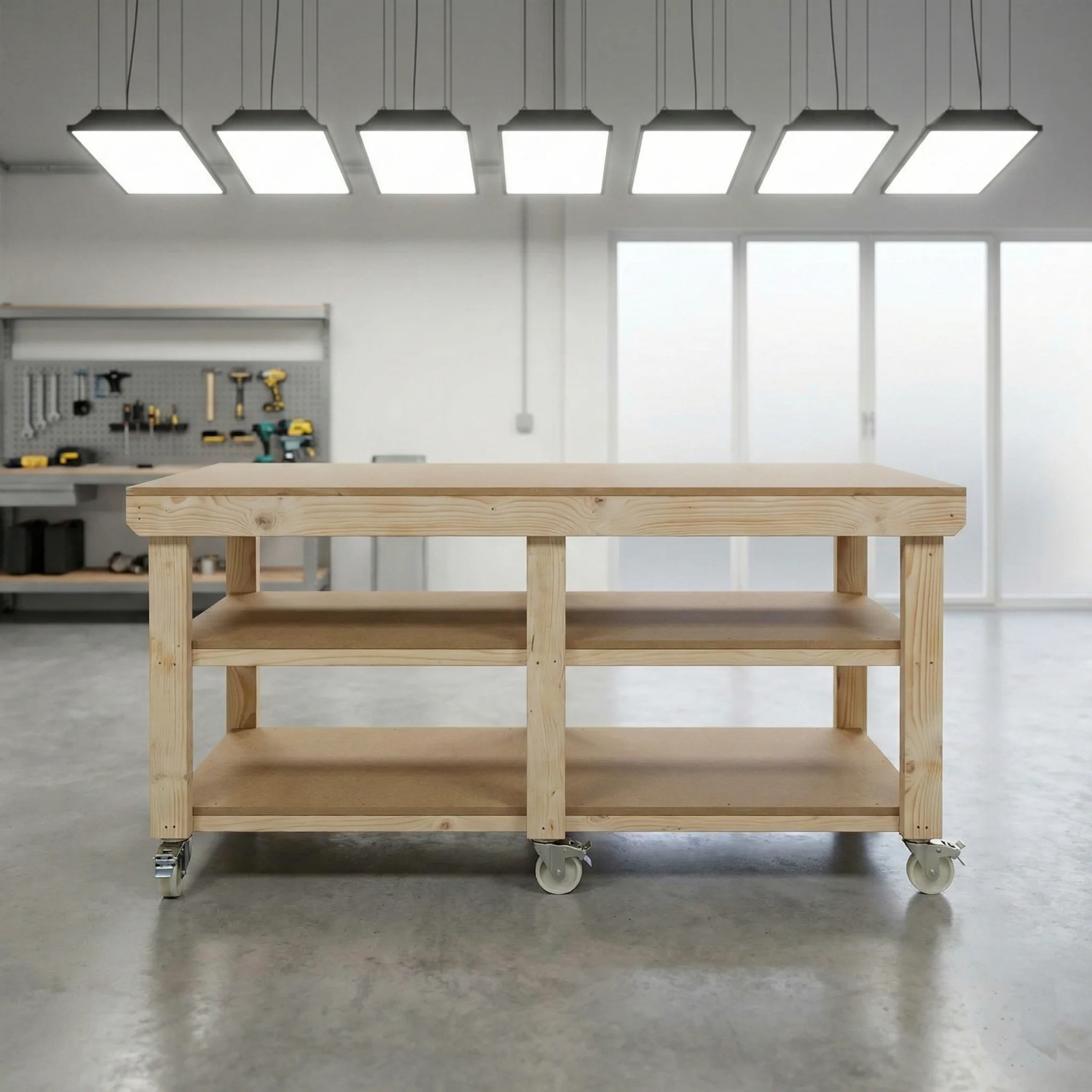 Wooden Workbench MDF Top Depth-3ft With Wheels and Double Shelf - Image 7