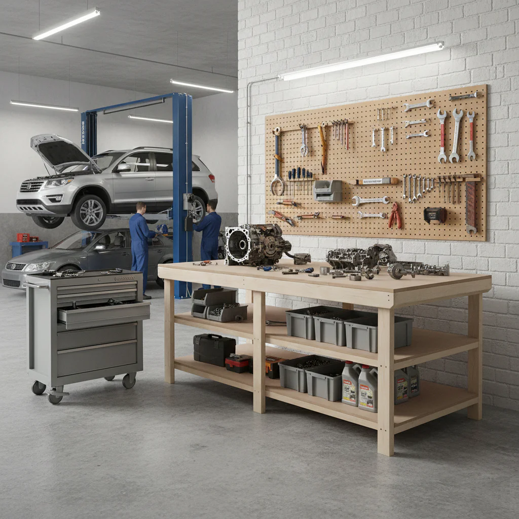 Wooden Workbench MDF Top Depth-4ft With Double Shelf - Image 4