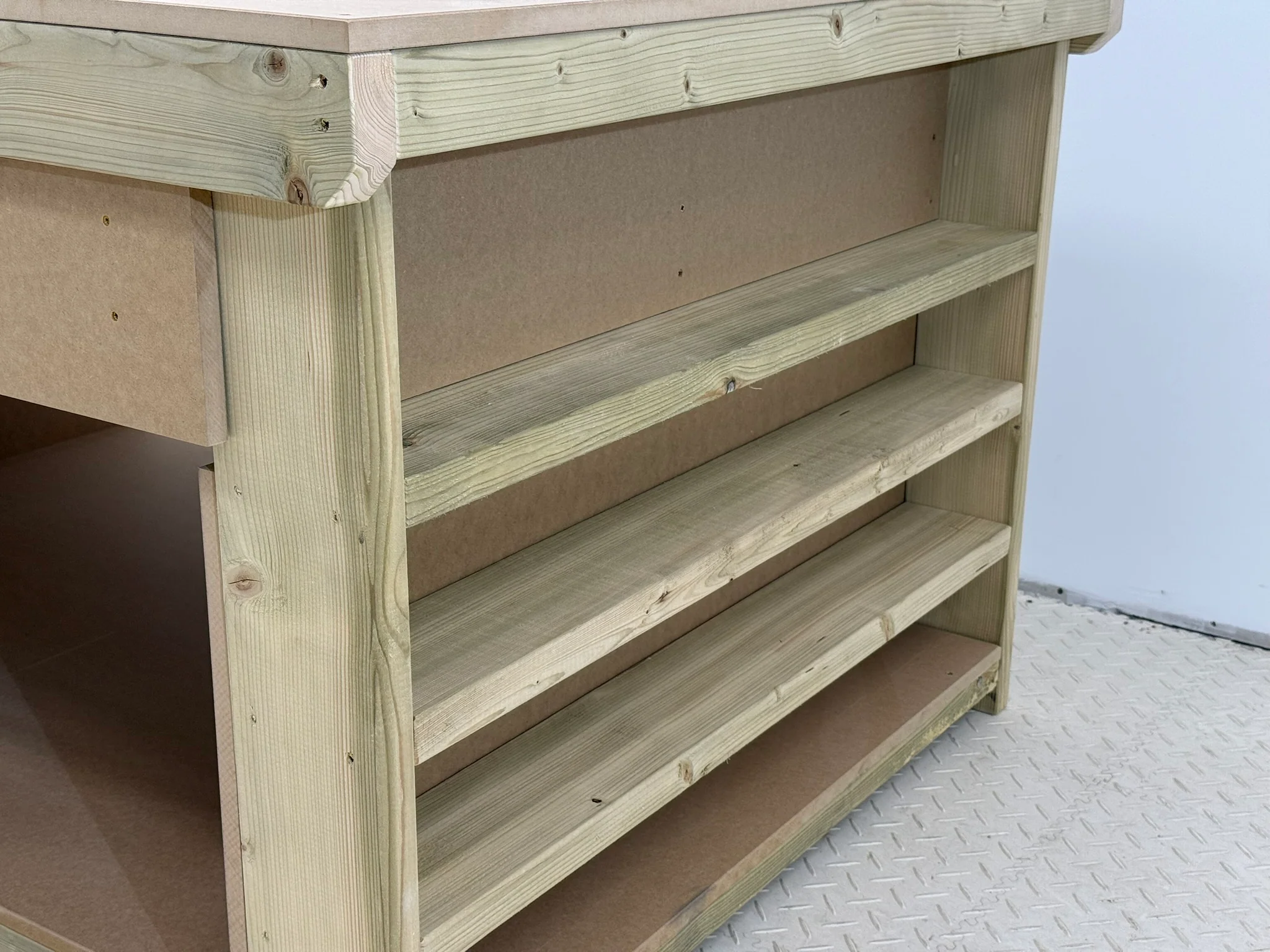 Wooden Workbench MDF Top with Extra shelving and Drawers Depth-4ft - Image 4