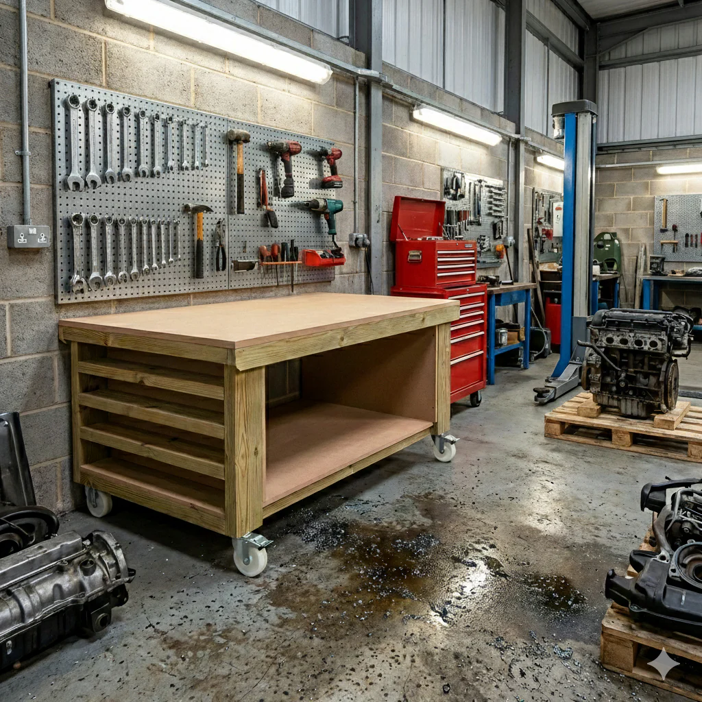 Wooden Workbench MDF Top with Extra shelving Depth-3ft - Image 9