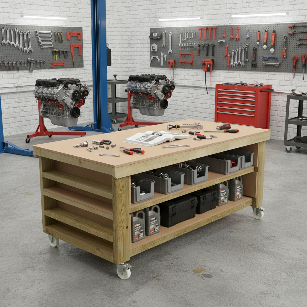 Wooden Workbench MDF Top with Extra shelving Depth-3ft With Double Shelf - Image 9