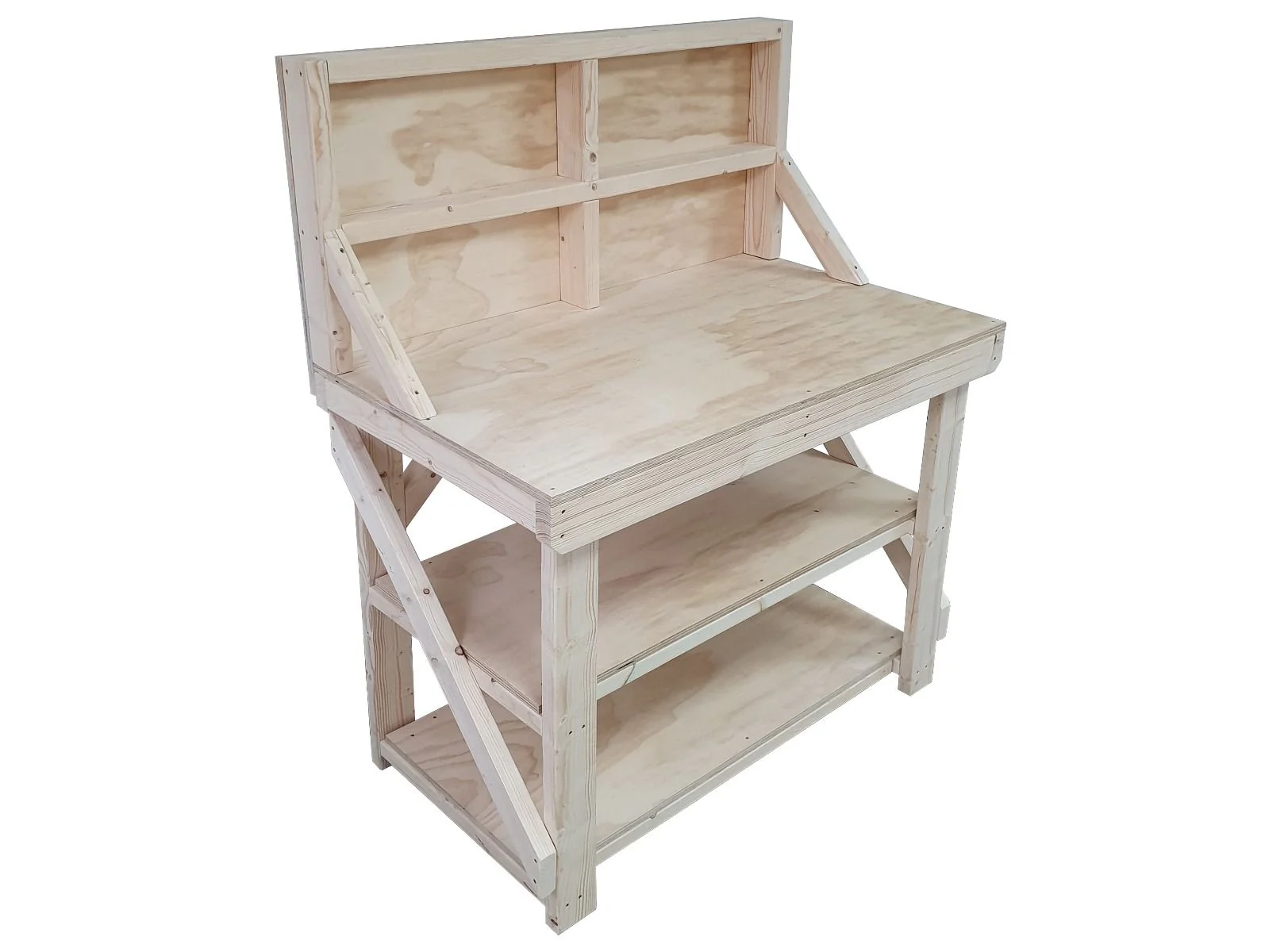 Wooden Workbench Superior Strength 18mm Plywood Top With Back Panel And Double Shelf