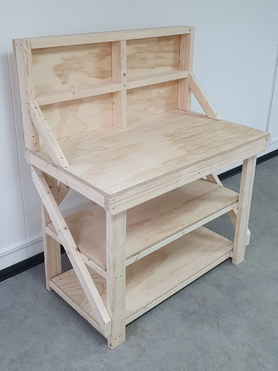 Wooden Workbench Superior Strength 18mm Plywood Top With Back Panel And Double Shelf - Image 3