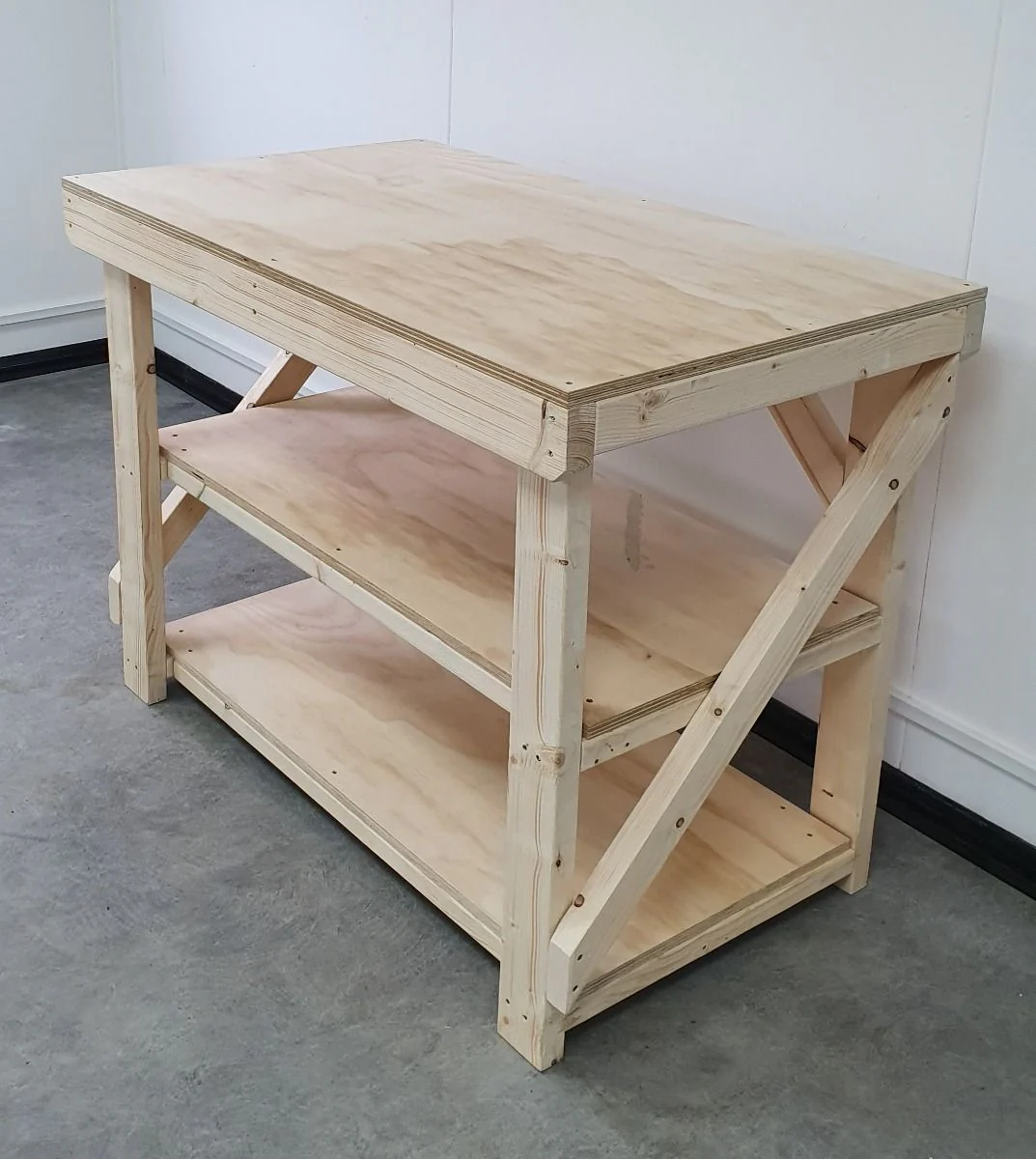 Wooden Workbench Superior Strength 18mm Plywood Top With Double Shelf - Image 2