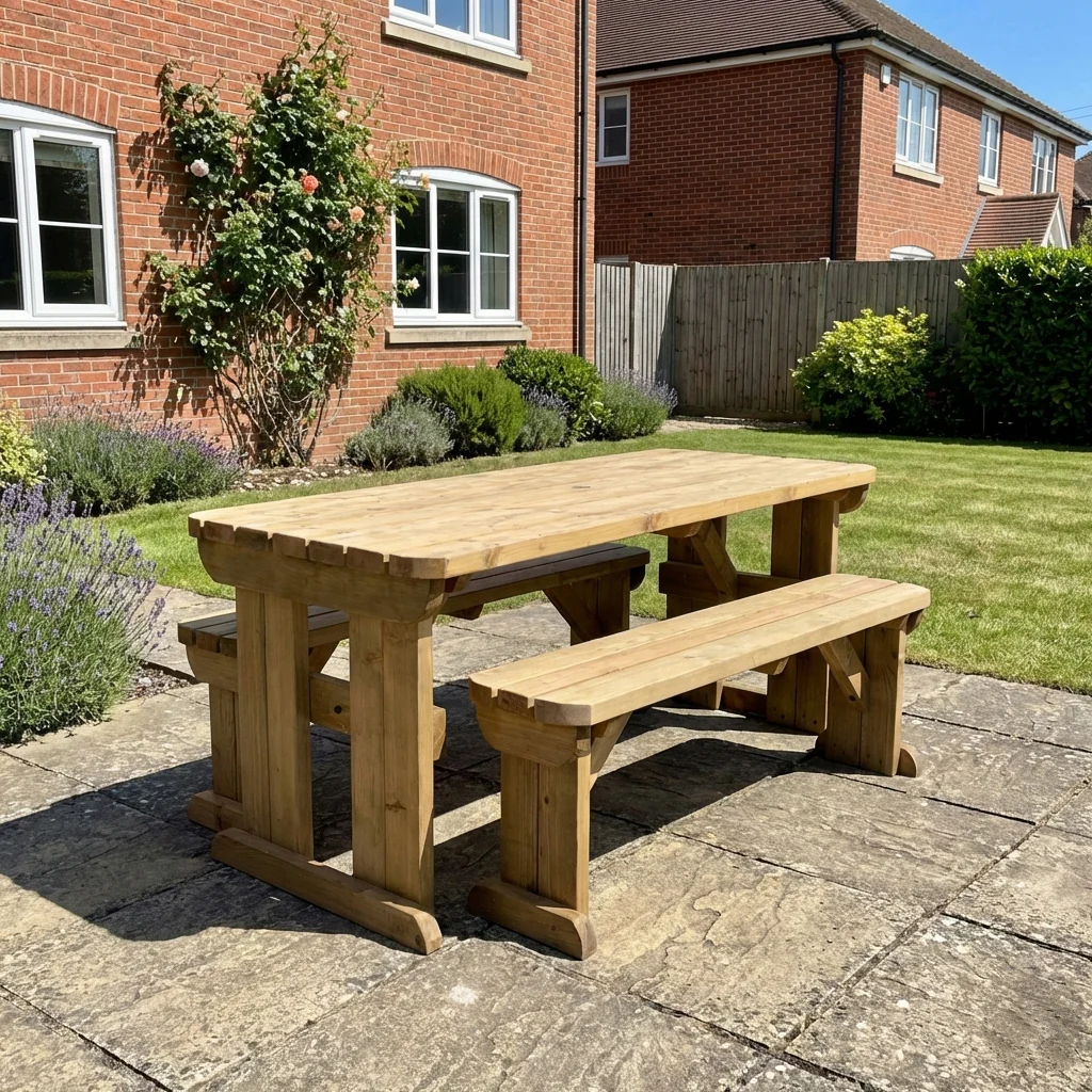 Yews Rounded Space Saving Picnic Table and Benches Set - Rustic Finish - Image 3