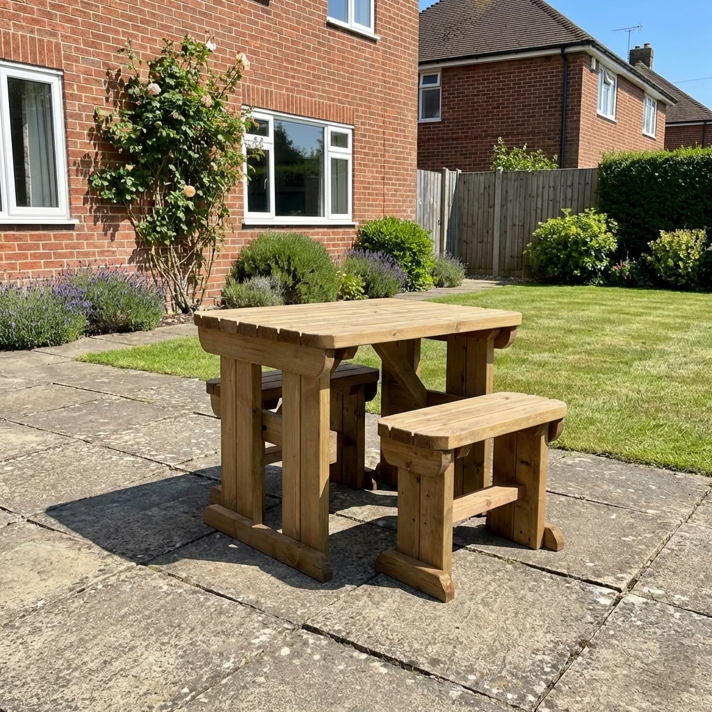Yews Rounded Space Saving Picnic Table and Benches Set - Rustic Finish - Image 4