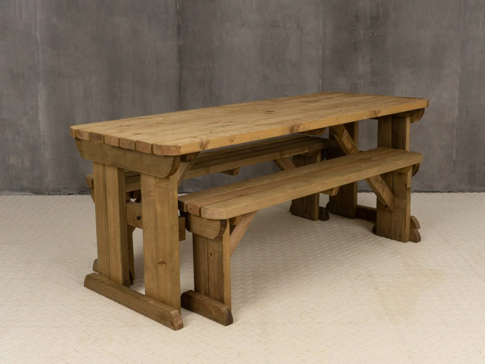 Yews Rounded Space Saving Picnic Table and Benches Set - Rustic Finish - Image 6